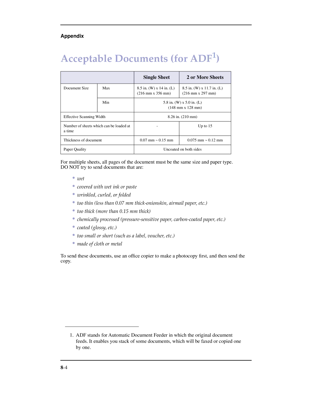 Samsung SF-3100 manual Acceptable Documents for ADF1, Single Sheet Or More Sheets 