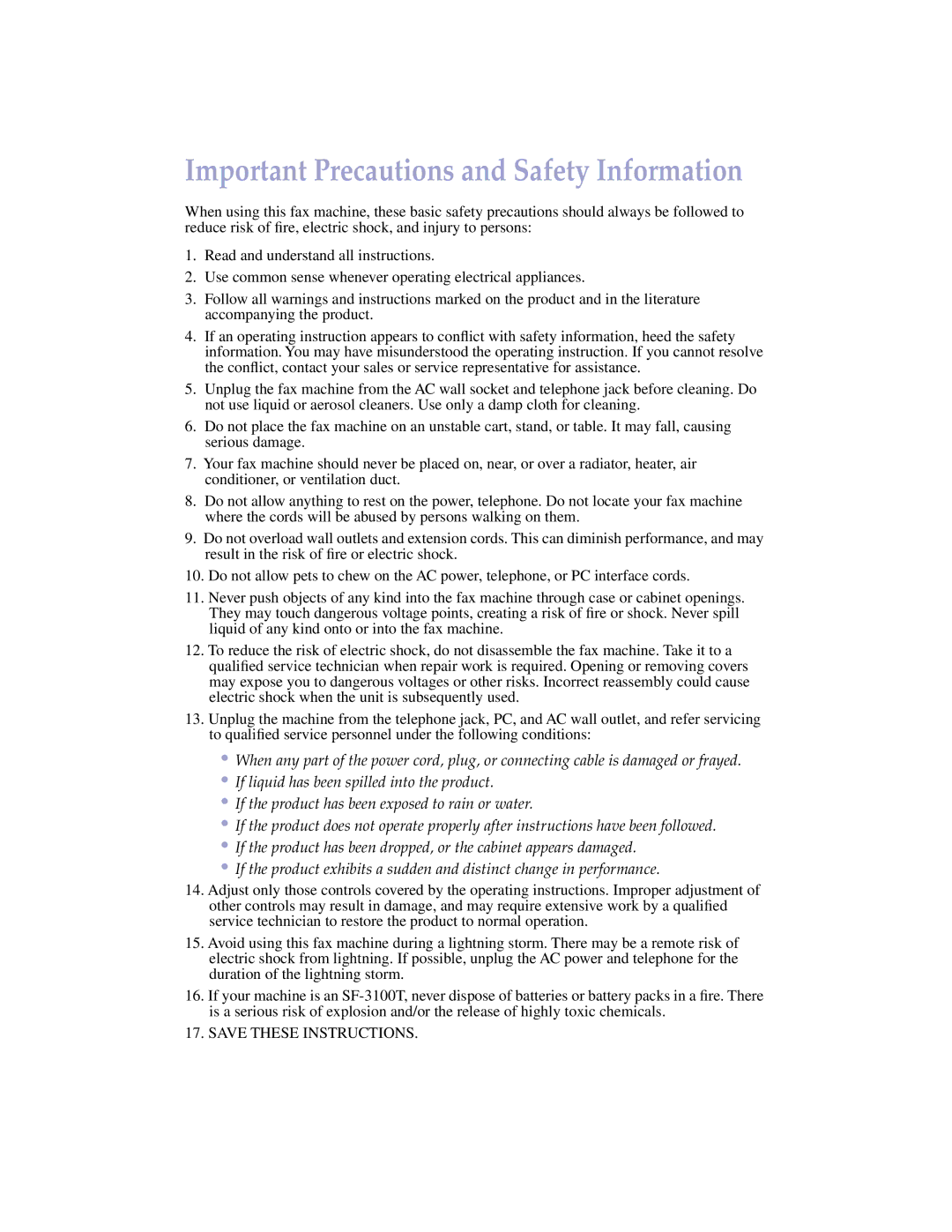 Samsung SF-3100 manual Important Precautions and Safety Information 