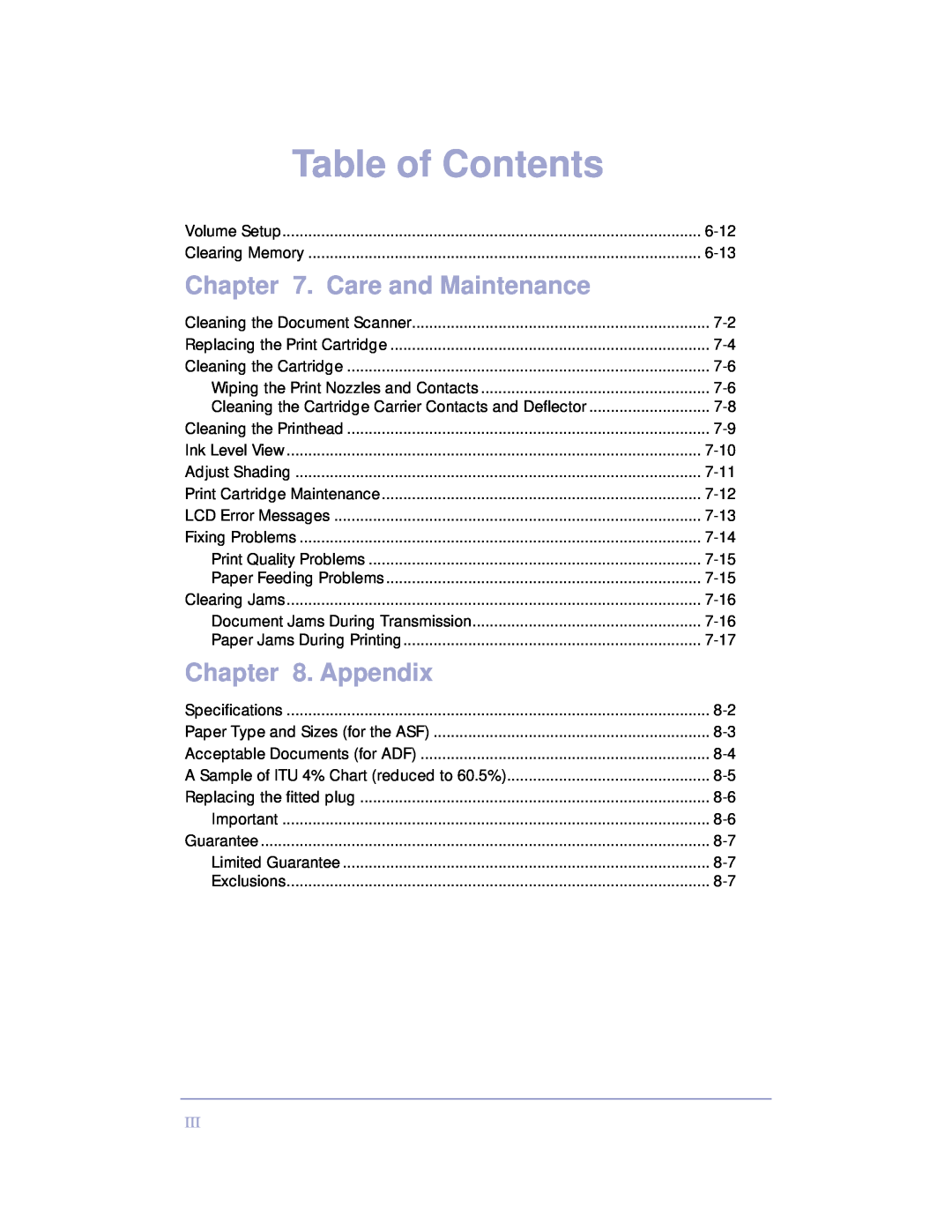 Samsung SF-3100 manual Care and Maintenance, Appendix, Table of Contents 