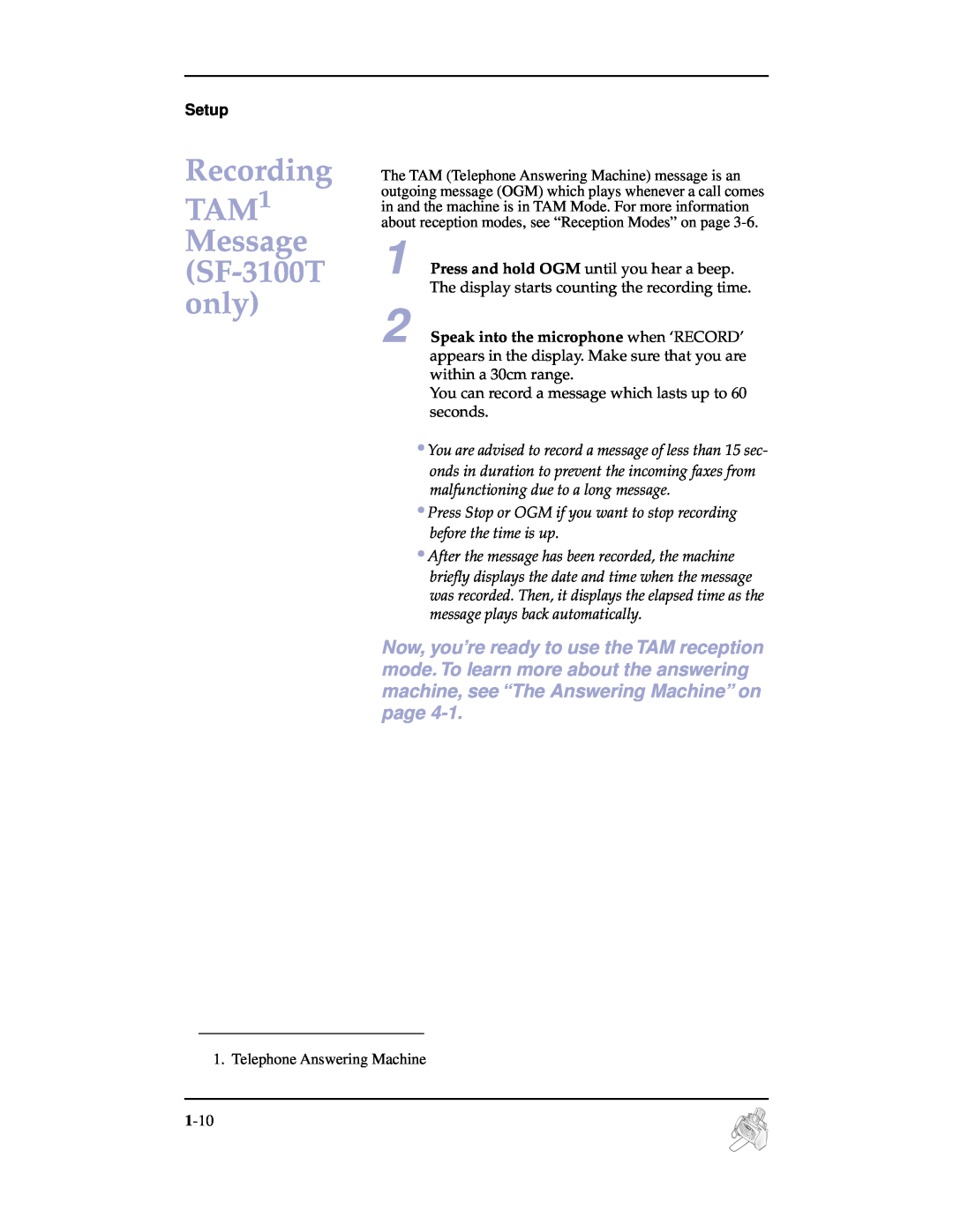 Samsung manual Recording TAM1 Message SF-3100T only, Setup 