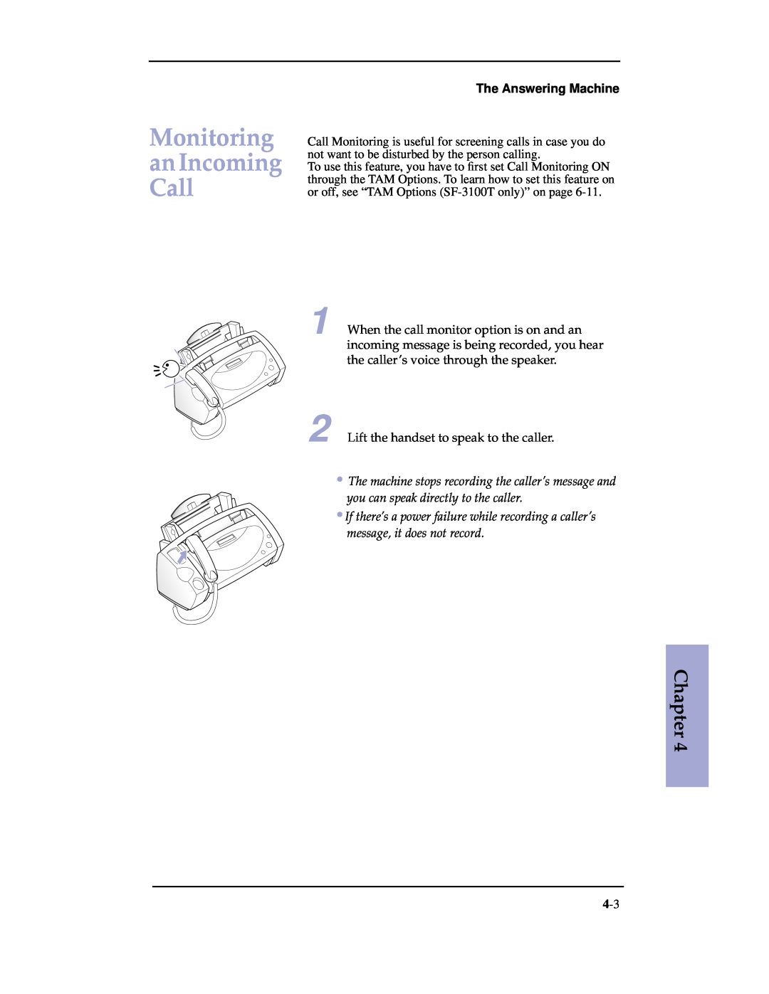 Samsung SF-3100 manual Monitoring an Incoming Call, Chapter, The Answering Machine 