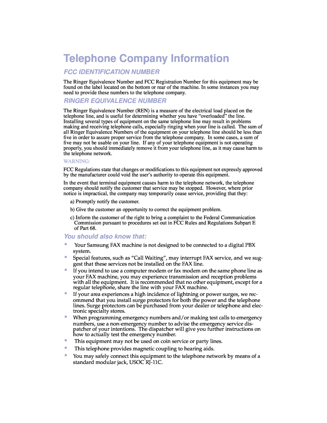 Samsung SF-3100 manual Telephone Company Information, Fcc Identification Number, Ringer Equivalence Number 