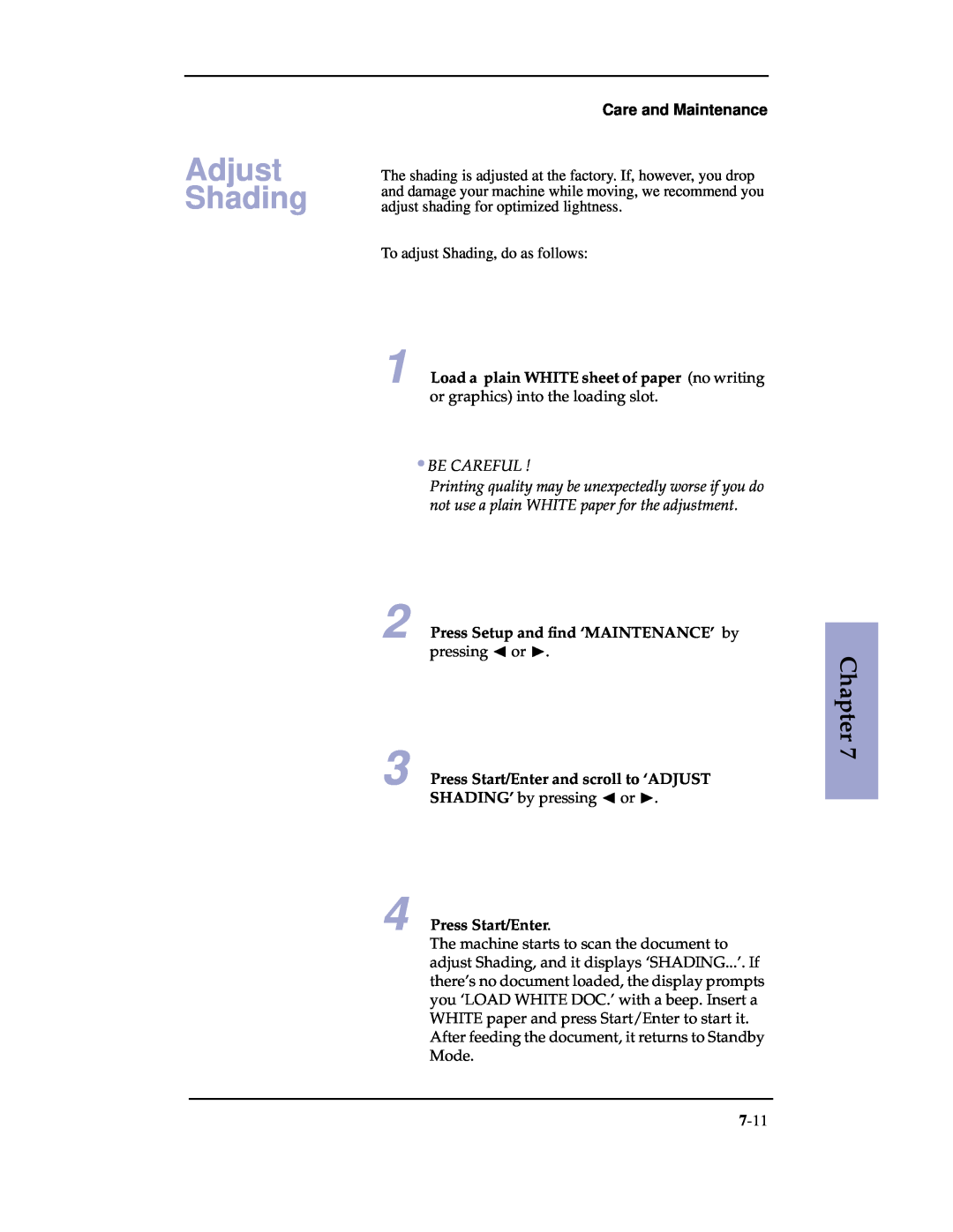 Samsung SF-3100 manual Adjust Shading, Press Setup and ﬁnd ‘MAINTENANCE’ by pressing or ❿, Press Start/Enter, Chapter 