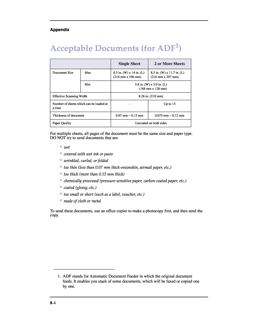 Samsung SF-3100 manual Acceptable Documents for ADF1, Single Sheet, or More Sheets, Appendix 