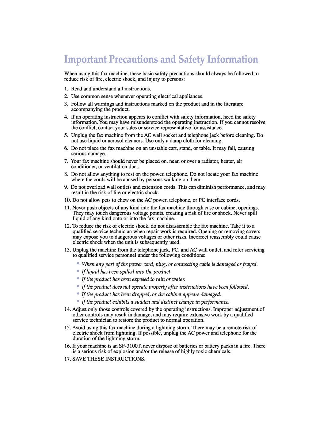Samsung SF-3100 manual Important Precautions and Safety Information 