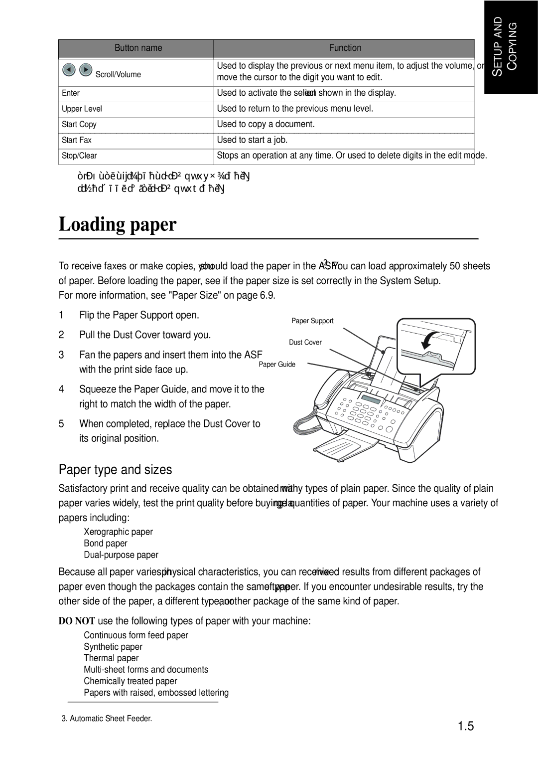 Samsung SF-340 Series manual Loading paper, Paper type and sizes, For more information, see Paper Size on 