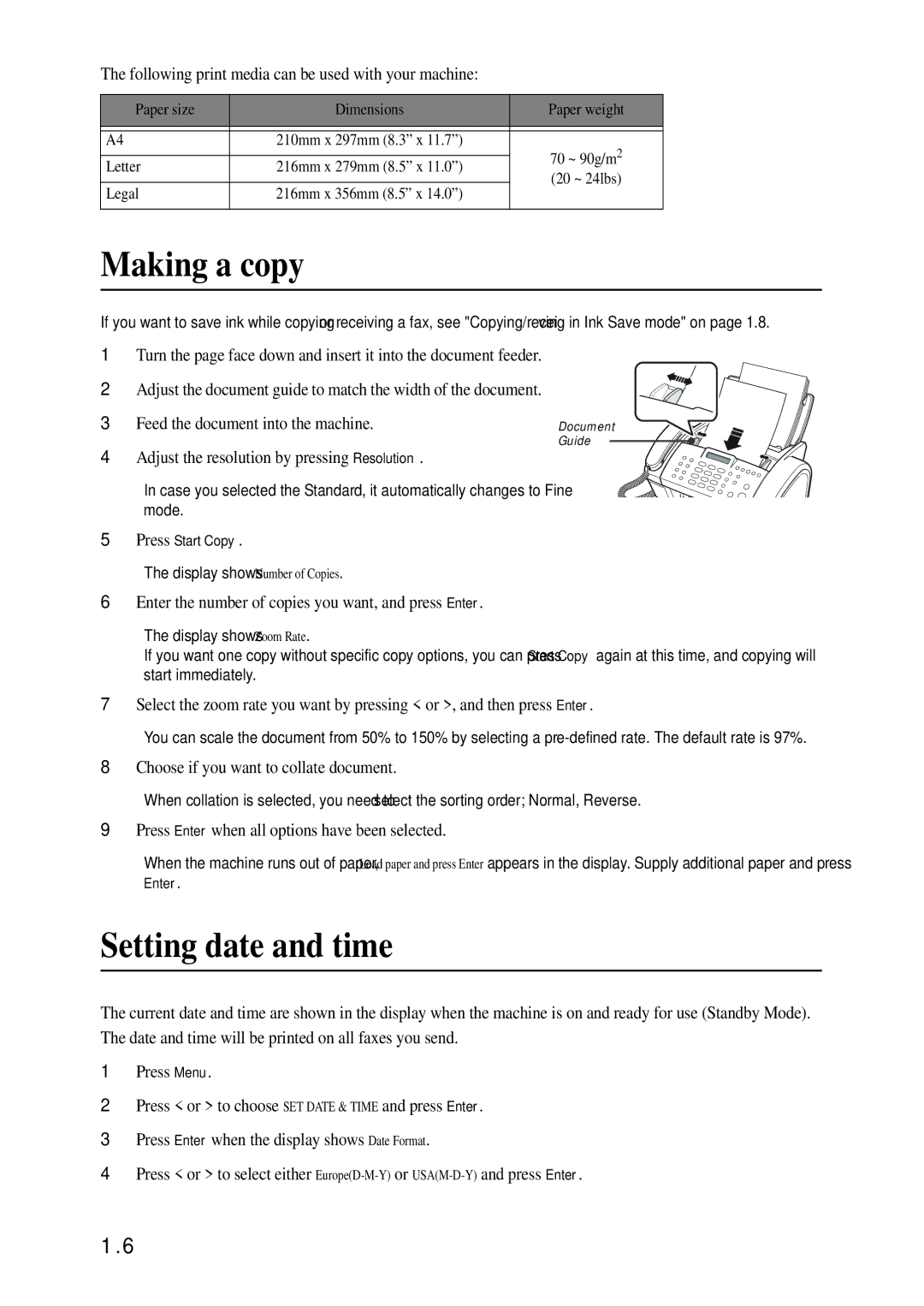 Samsung SF-340 Series manual Making a copy, Setting date and time 