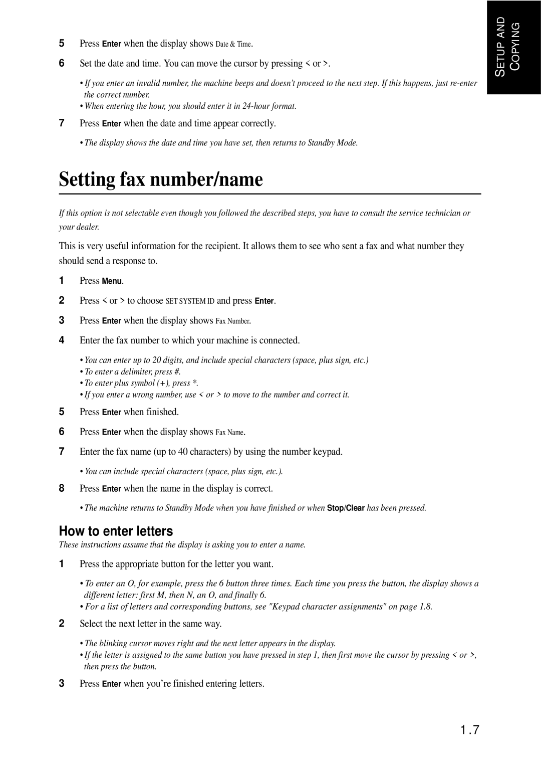 Samsung SF-340 Series manual Setting fax number/name, How to enter letters 