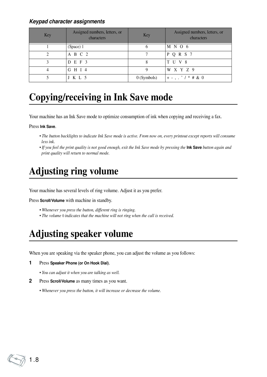 Samsung SF-340 Series manual Copying/receiving in Ink Save mode, Adjusting ring volume, Adjusting speaker volume 