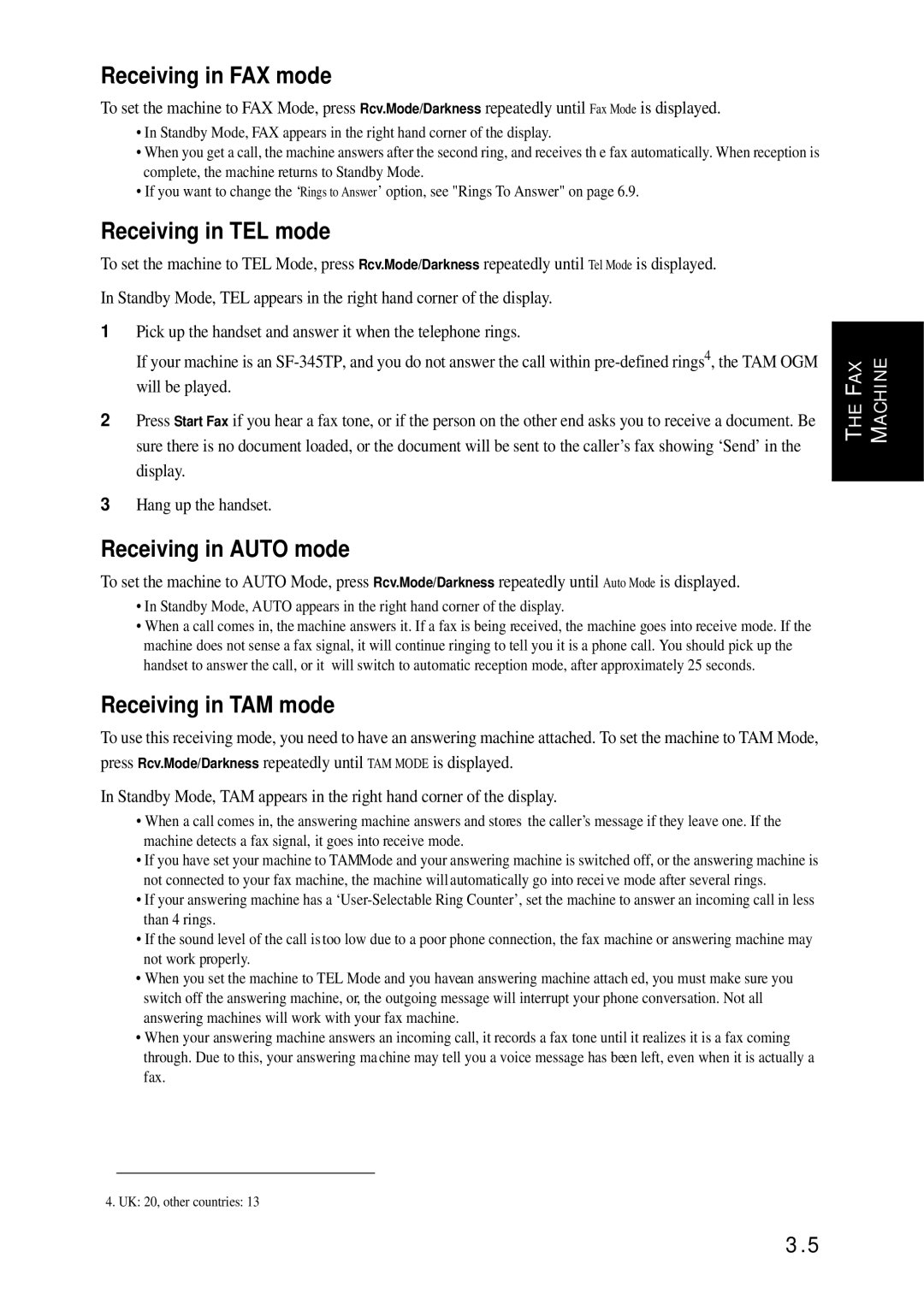 Samsung SF-340 Series manual Receiving in FAX mode, Receiving in TEL mode, Receiving in Auto mode, Receiving in TAM mode 