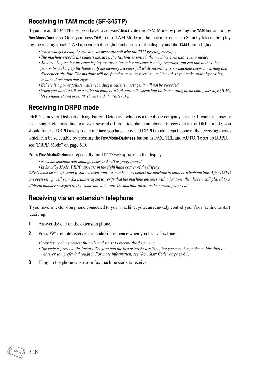 Samsung SF-340 Series manual Receiving in TAM mode SF-345TP, Receiving in Drpd mode, Receiving via an extension telephone 