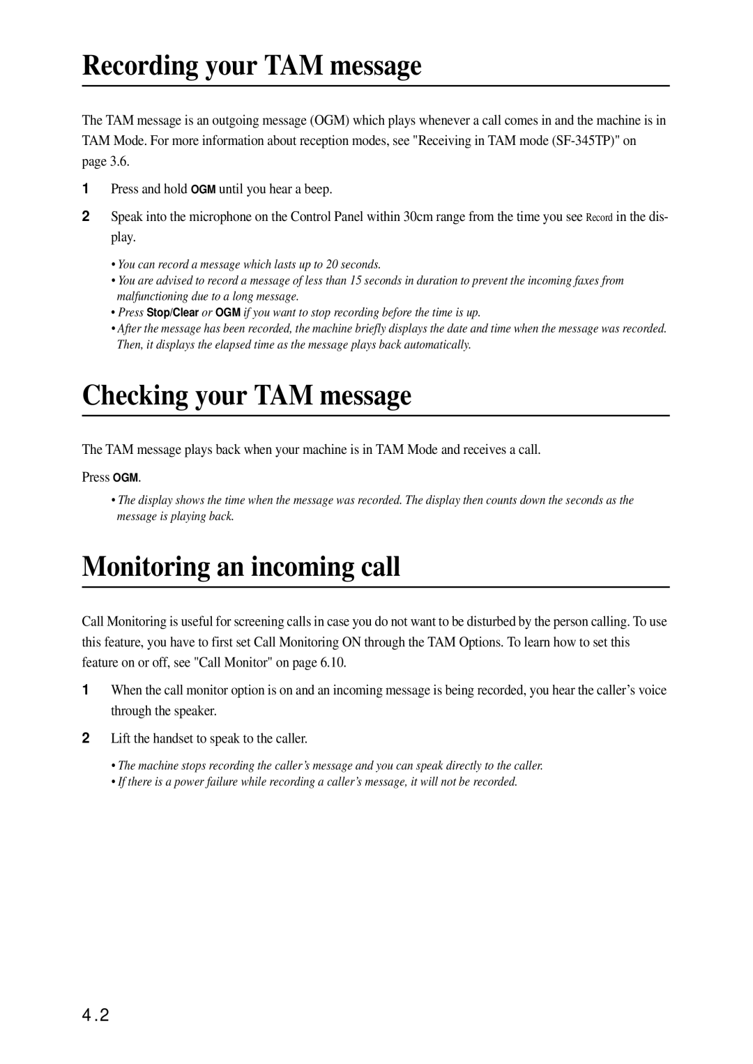 Samsung SF-340 Series manual Recording your TAM message, Checking your TAM message, Monitoring an incoming call 