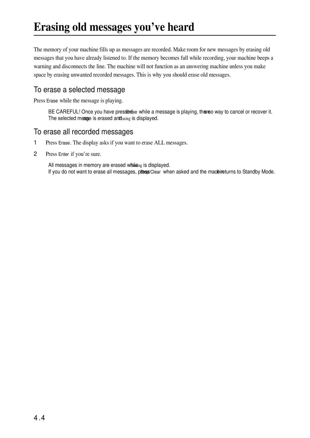 Samsung SF-340 Series manual Erasing old messages you’ve heard, To erase a selected message, To erase all recorded messages 