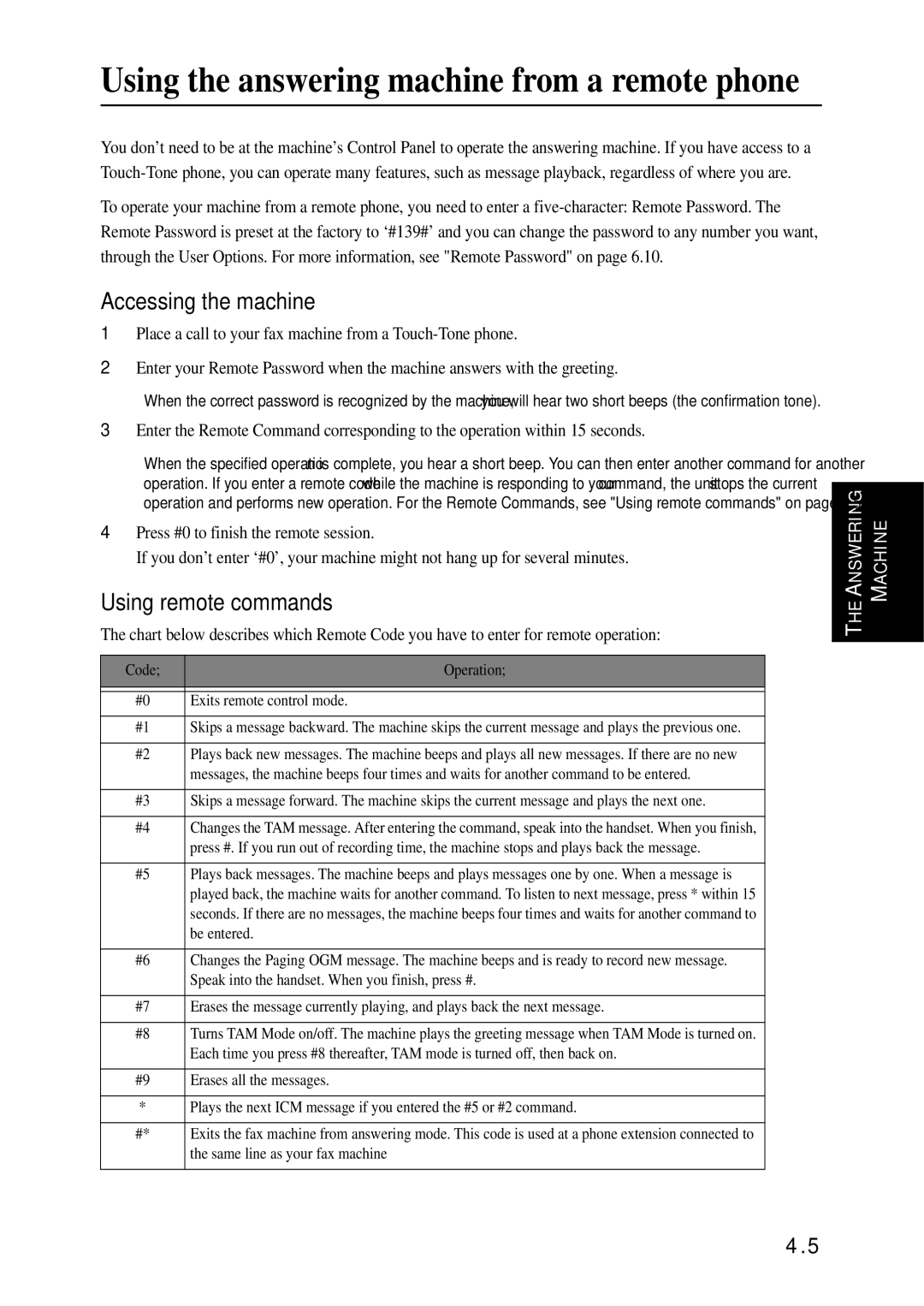 Samsung SF-340 Series manual Using the answering machine from a remote phone, Accessing the machine, Using remote commands 