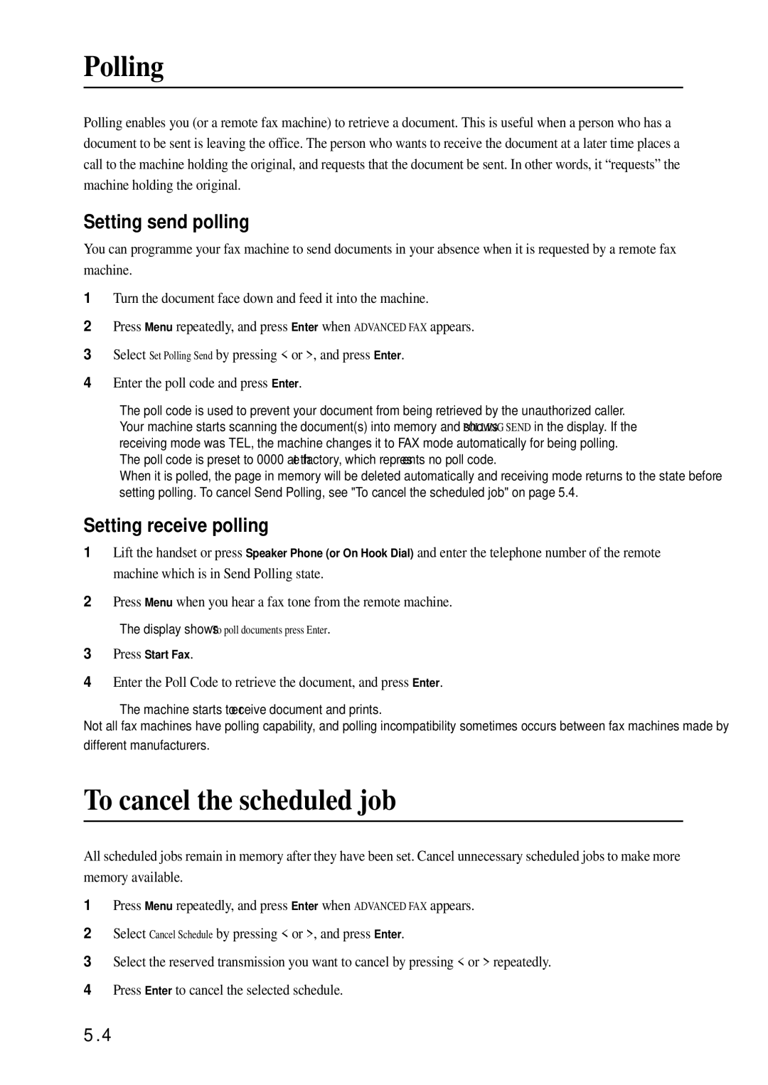 Samsung SF-340 Series manual Polling, To cancel the scheduled job, Setting send polling, Setting receive polling 