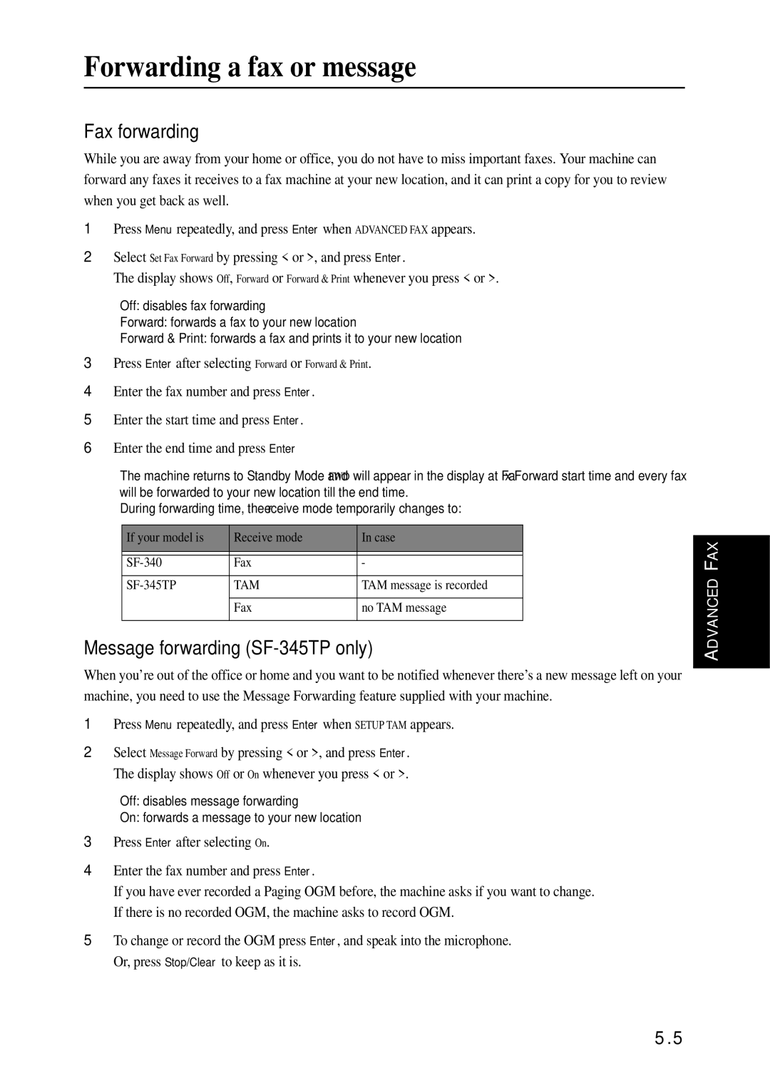 Samsung SF-340 Series manual Forwarding a fax or message, Fax forwarding, Message forwarding SF-345TP Only 