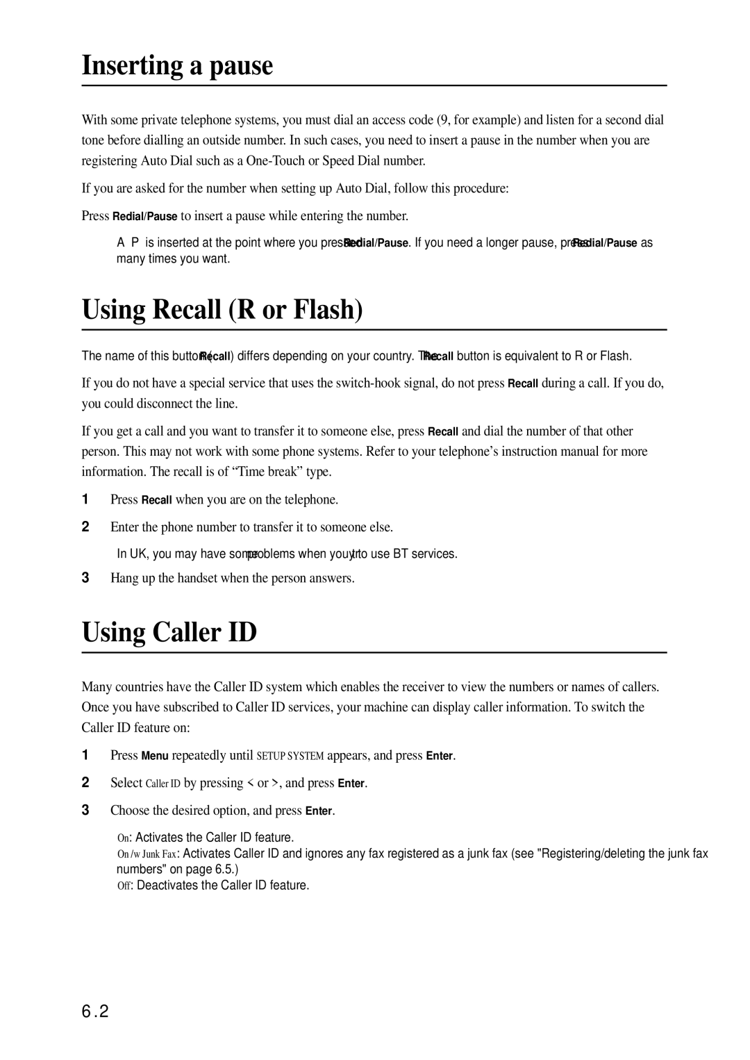 Samsung SF-340 Series manual Inserting a pause, Using Recall R or Flash, Using Caller ID 