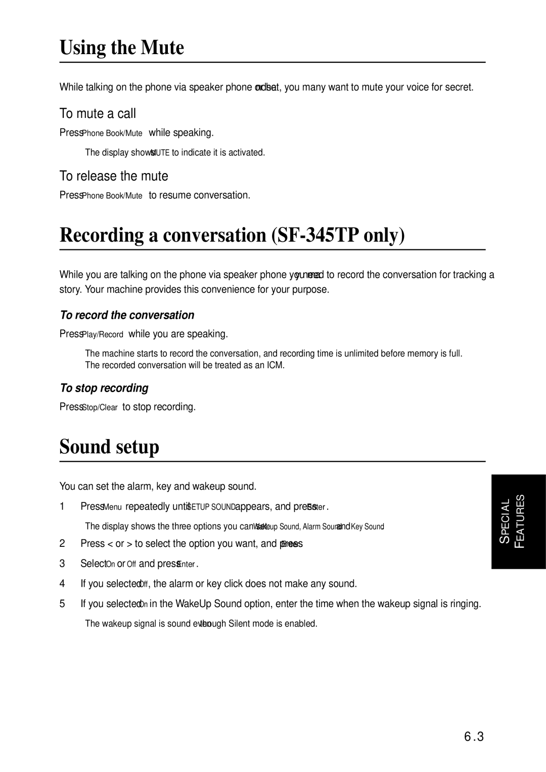 Samsung SF-340 Series manual Using the Mute, Recording a conversation SF-345TP only, Sound setup, To mute a call 