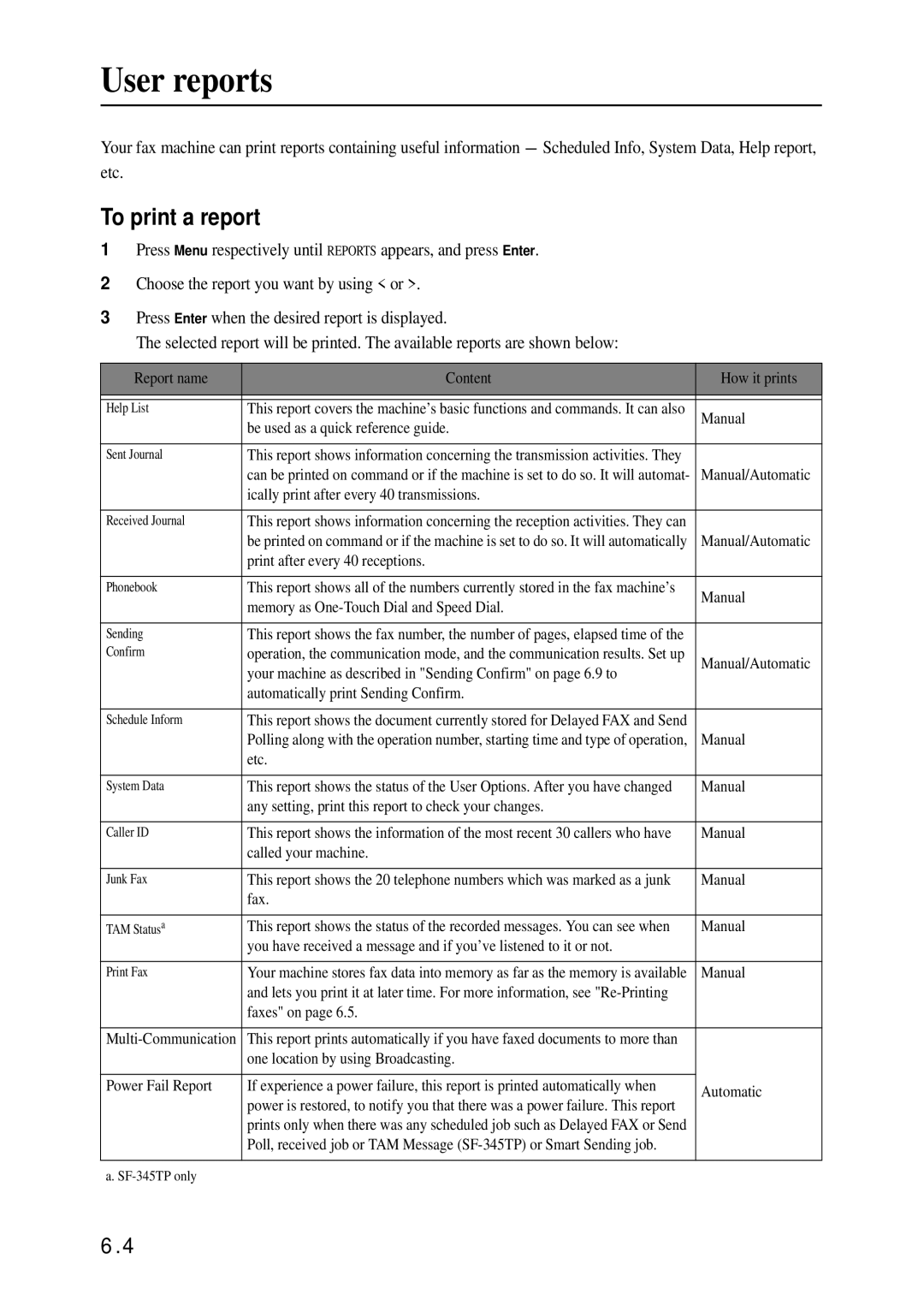 Samsung SF-340 Series manual User reports, To print a report 