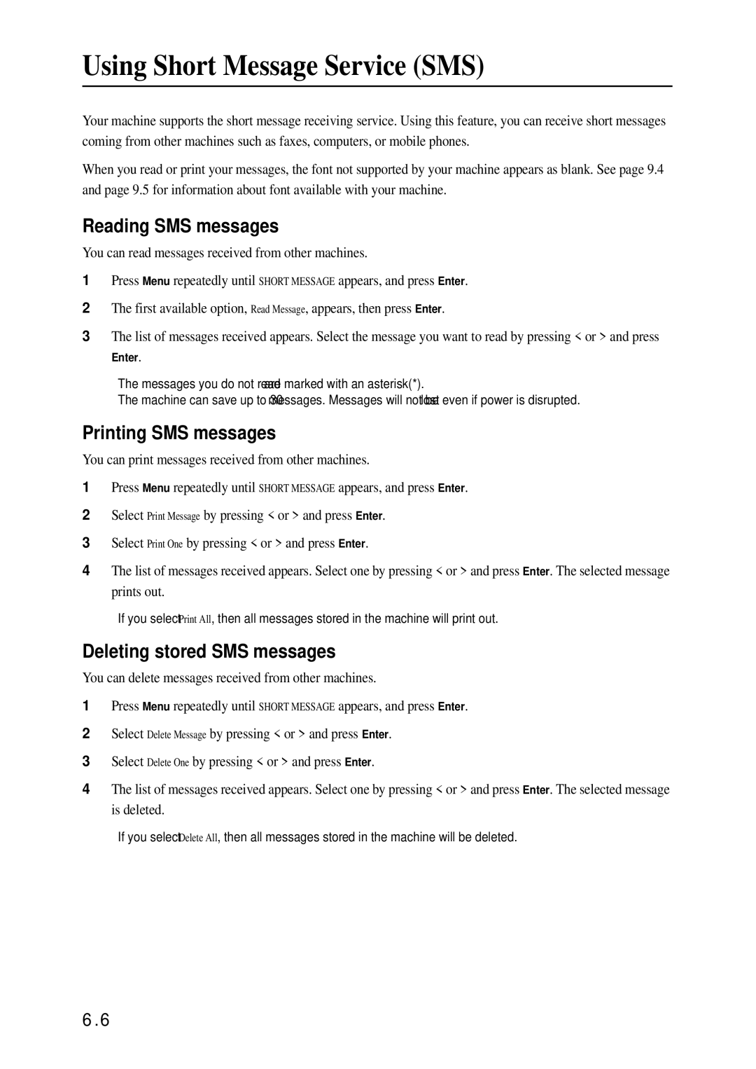 Samsung SF-340 Series manual Using Short Message Service SMS, Reading SMS messages, Printing SMS messages 