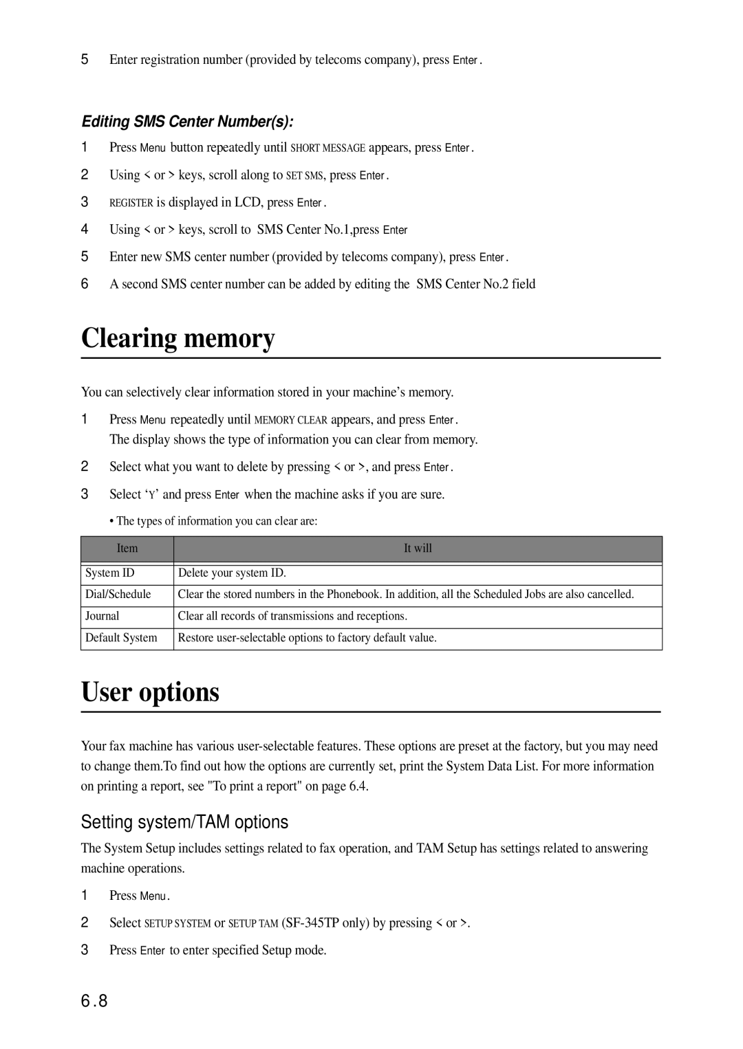 Samsung SF-340 Series manual Clearing memory, User options, Setting system/TAM options, Editing SMS Center Numbers 