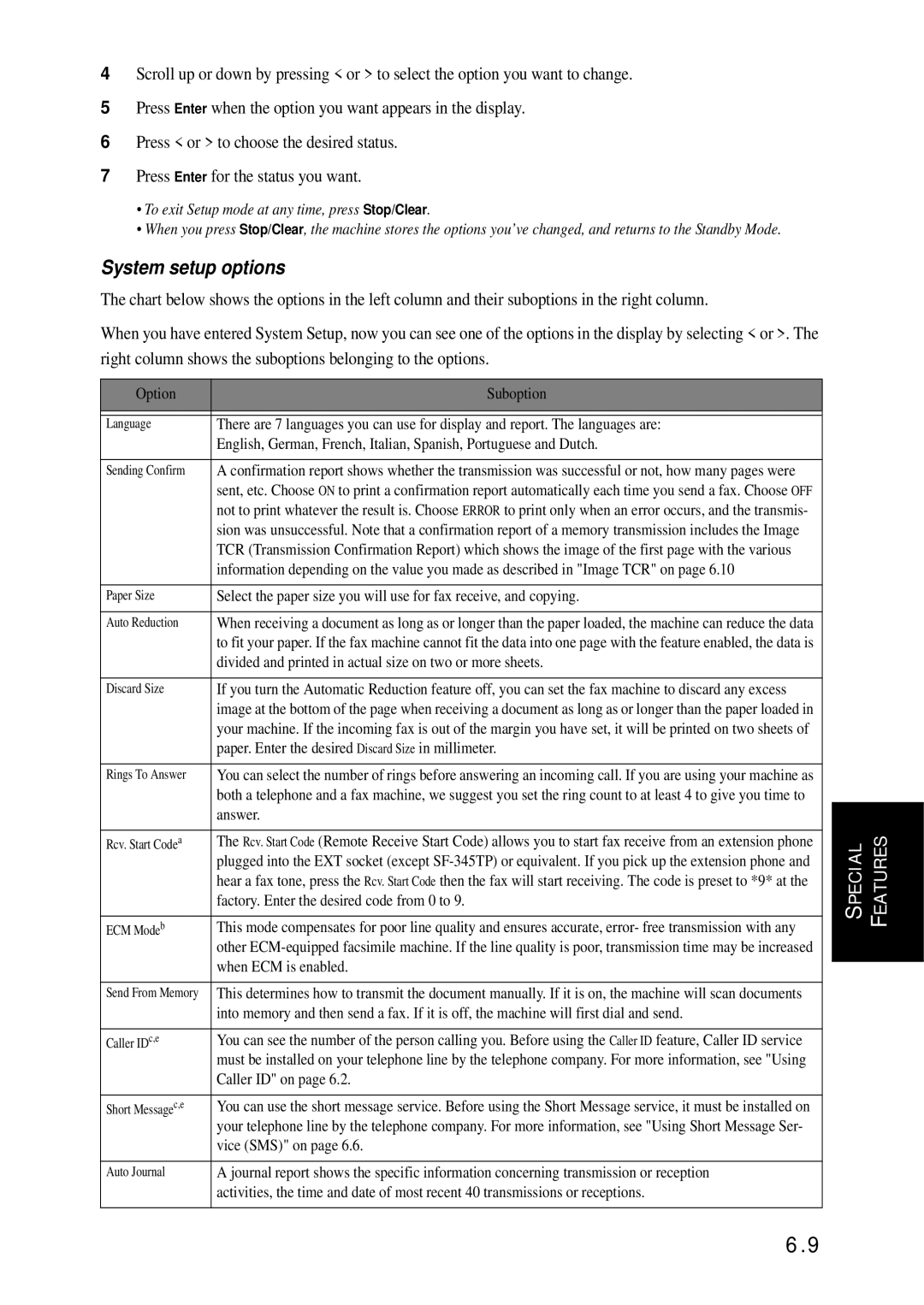 Samsung SF-340 Series manual System setup options 