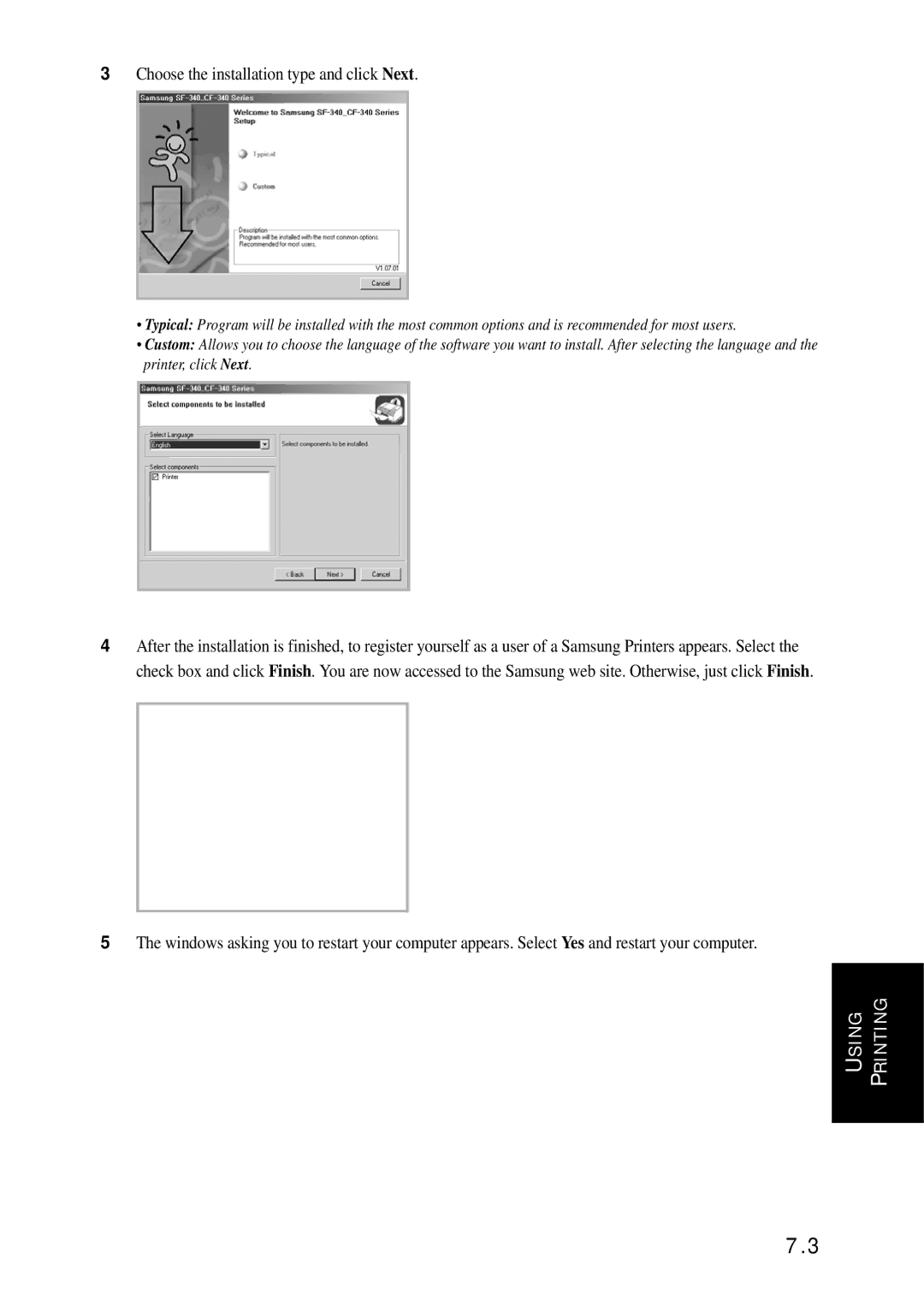 Samsung SF-340 Series manual Choose the installation type and click Next 