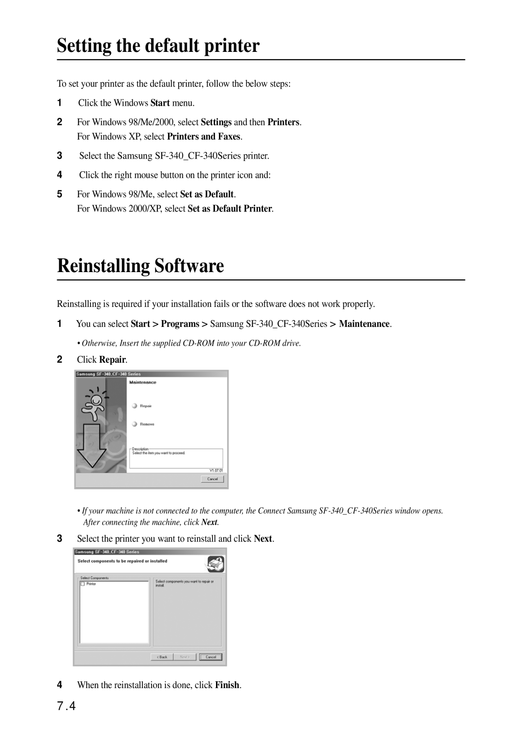 Samsung SF-340 Series manual Setting the default printer, Reinstalling Software, Click Repair 