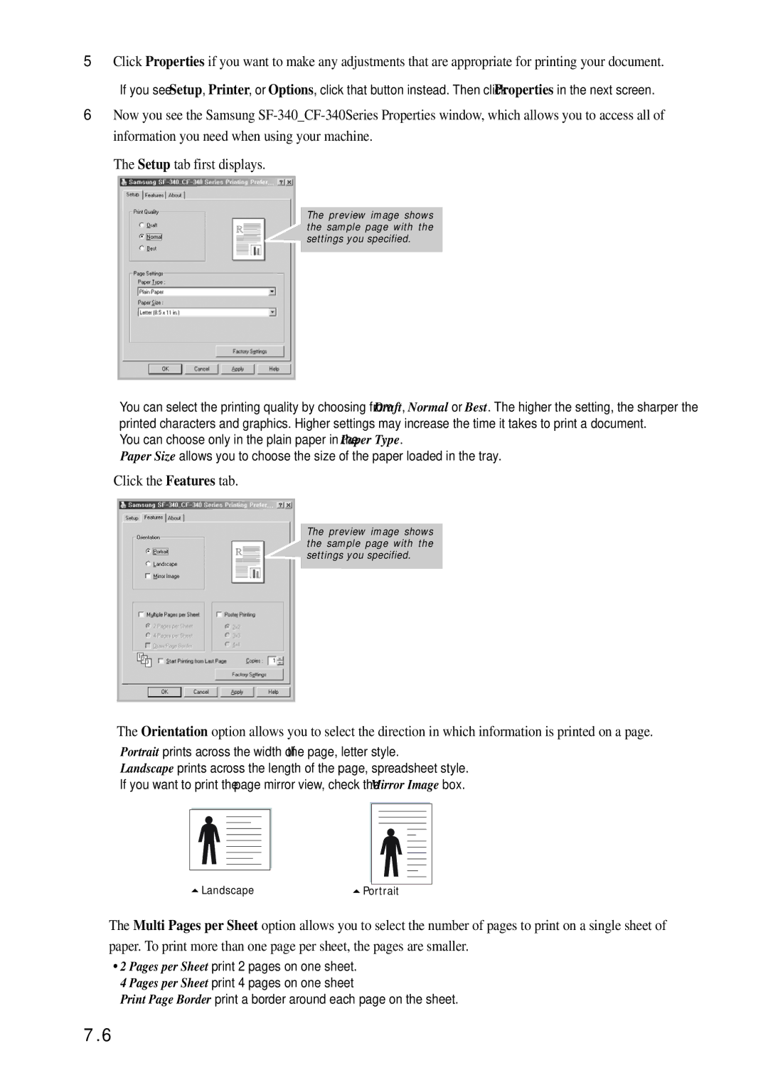 Samsung SF-340 Series manual Click the Features tab 