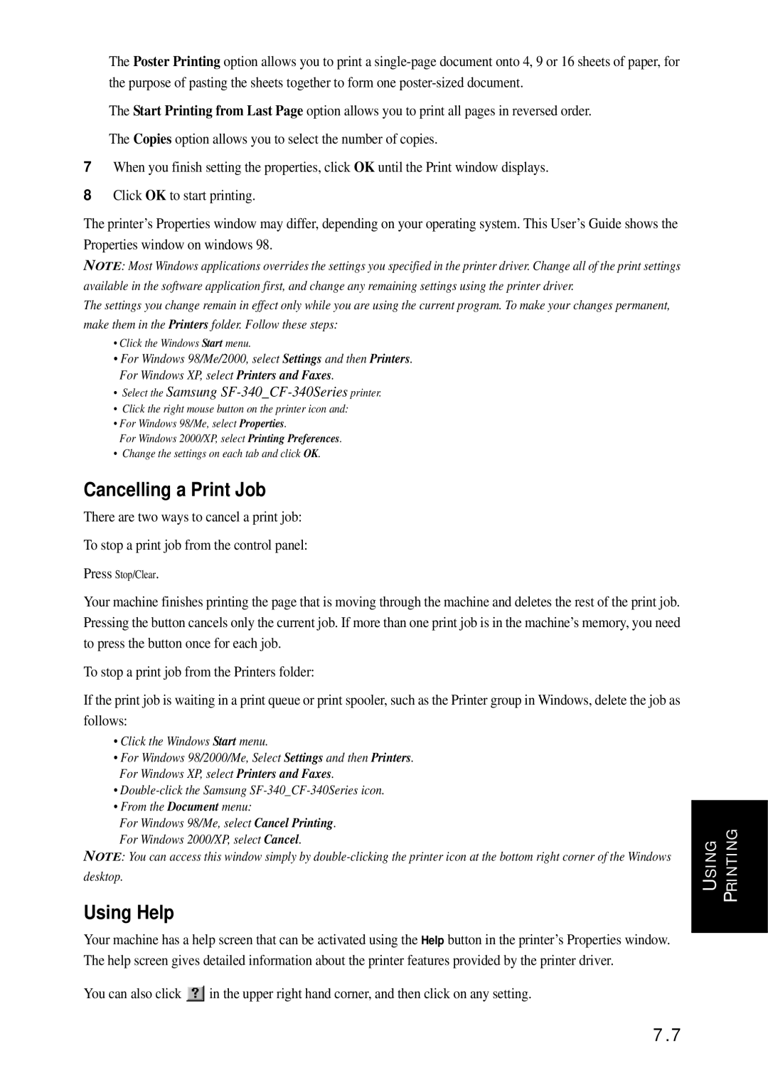 Samsung SF-340 Series manual Cancelling a Print Job, Using Help 