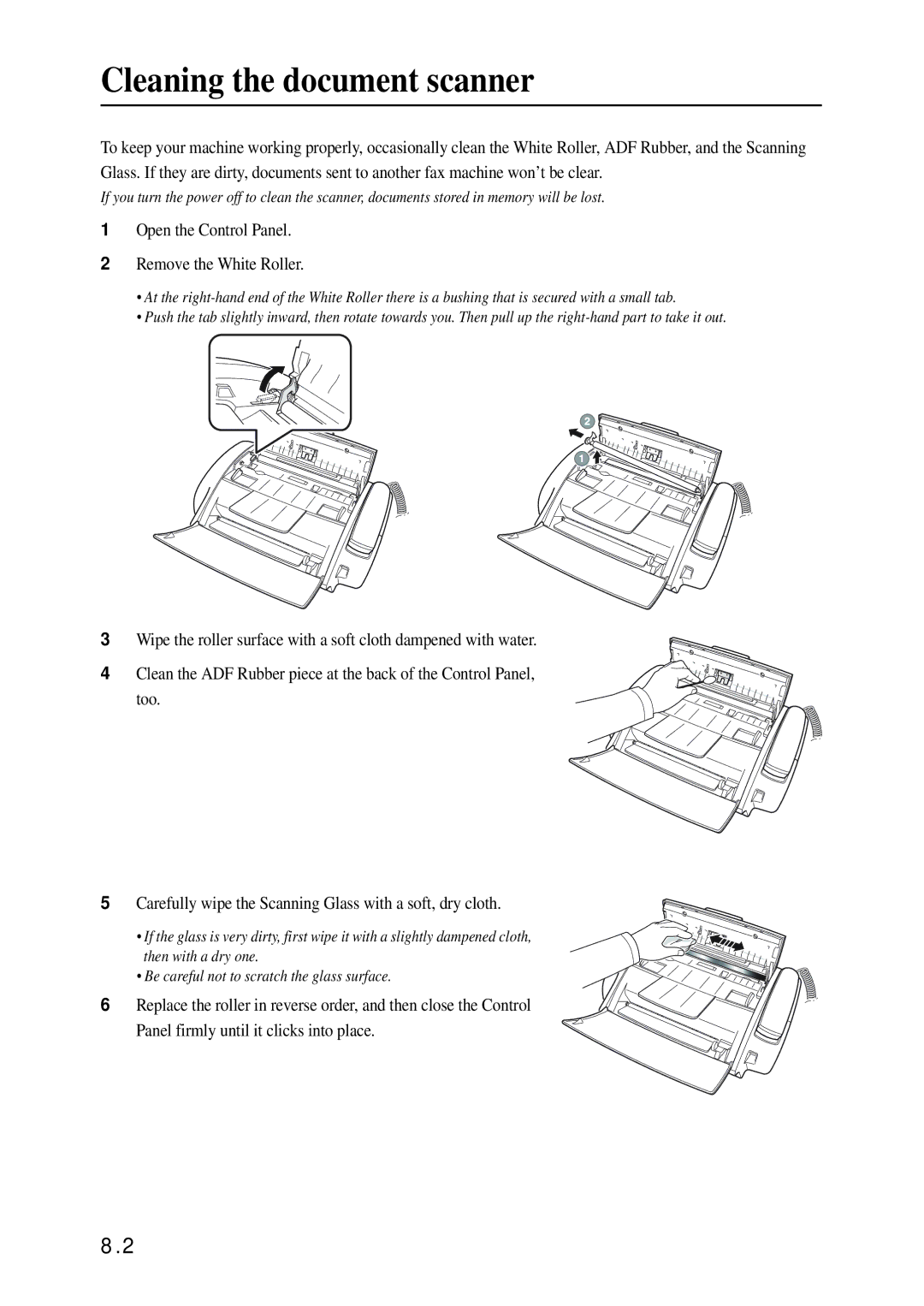 Samsung SF-340 Series manual Cleaning the document scanner, Open the Control Panel Remove the White Roller 