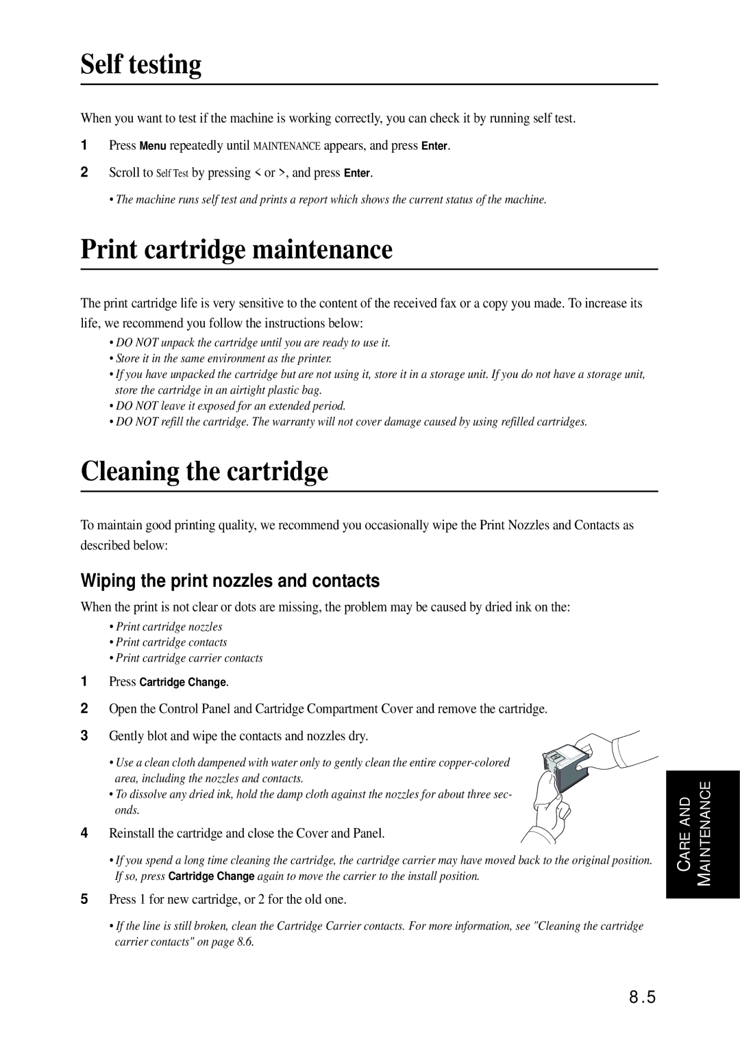 Samsung SF-340 Series manual Self testing, Print cartridge maintenance, Cleaning the cartridge 