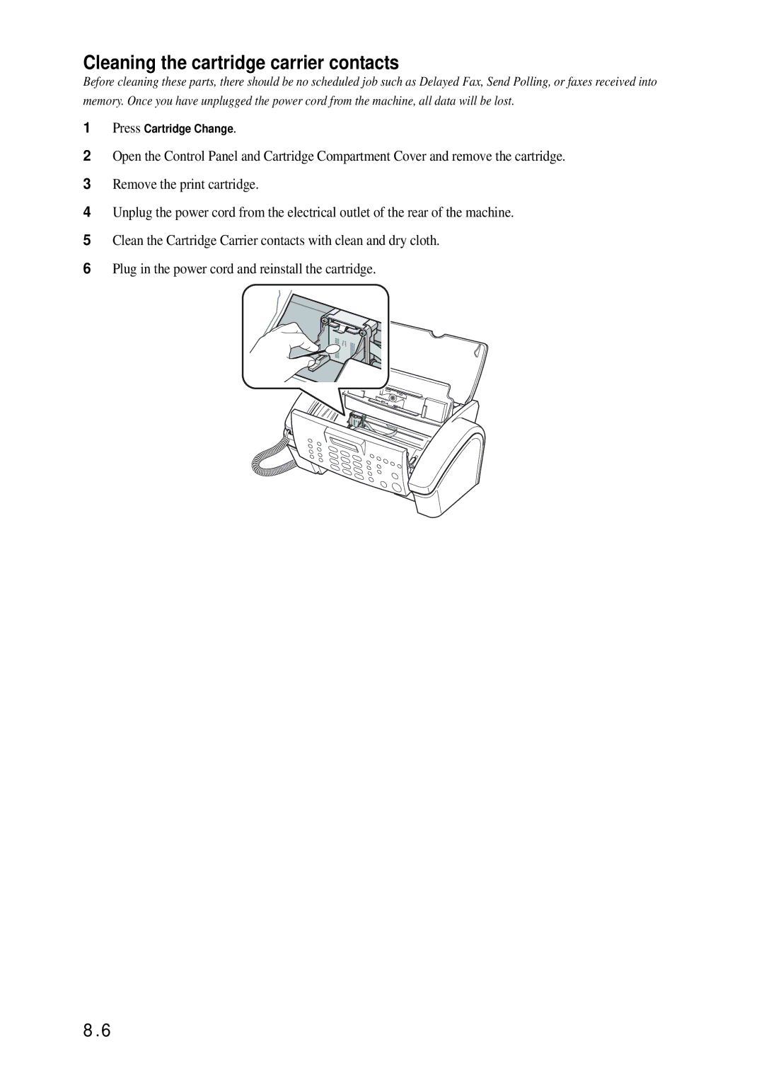 Samsung SF-340 Series manual Cleaning the cartridge carrier contacts 