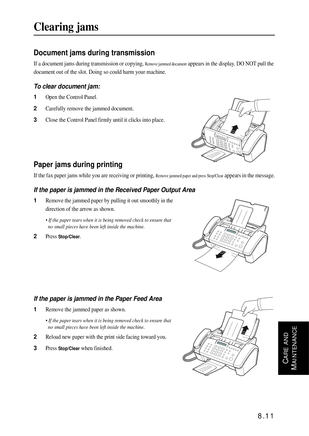 Samsung SF-340 Series manual Clearing jams, Document jams during transmission, Paper jams during printing 