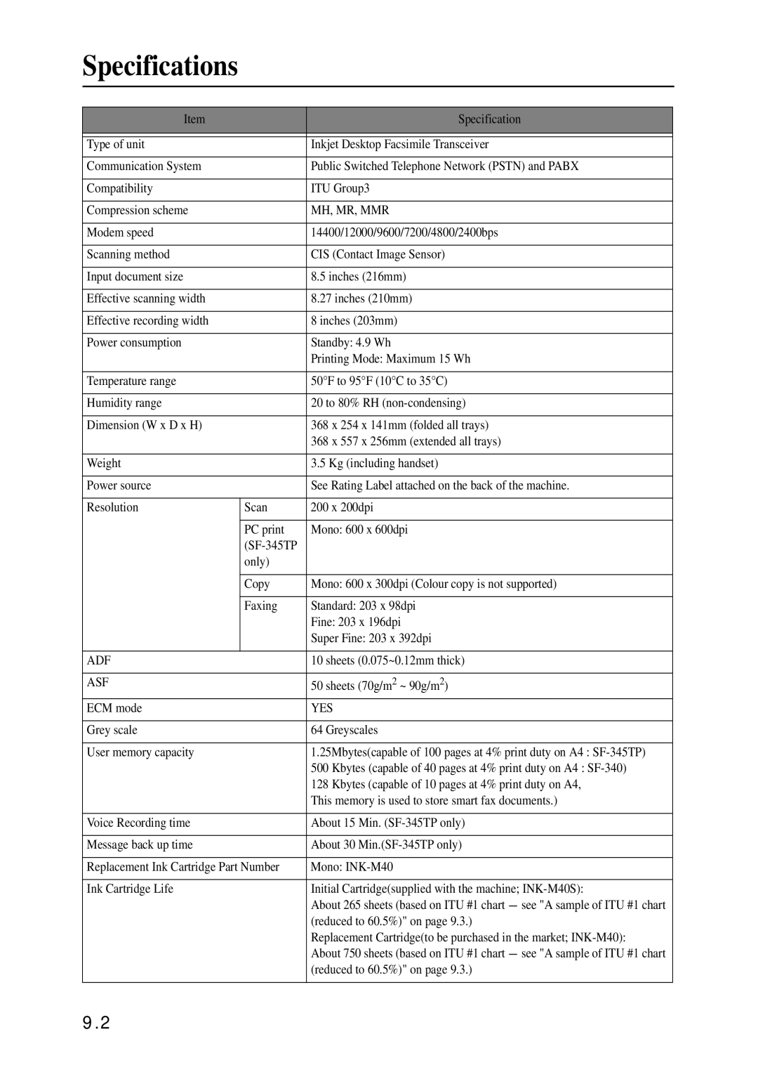 Samsung SF-340 Series manual Specifications 