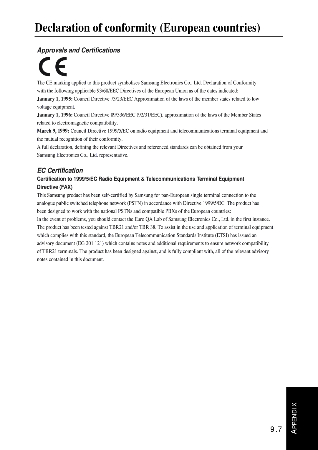 Samsung SF-340 Series manual Declaration of conformity European countries, Approvals and Certifications 