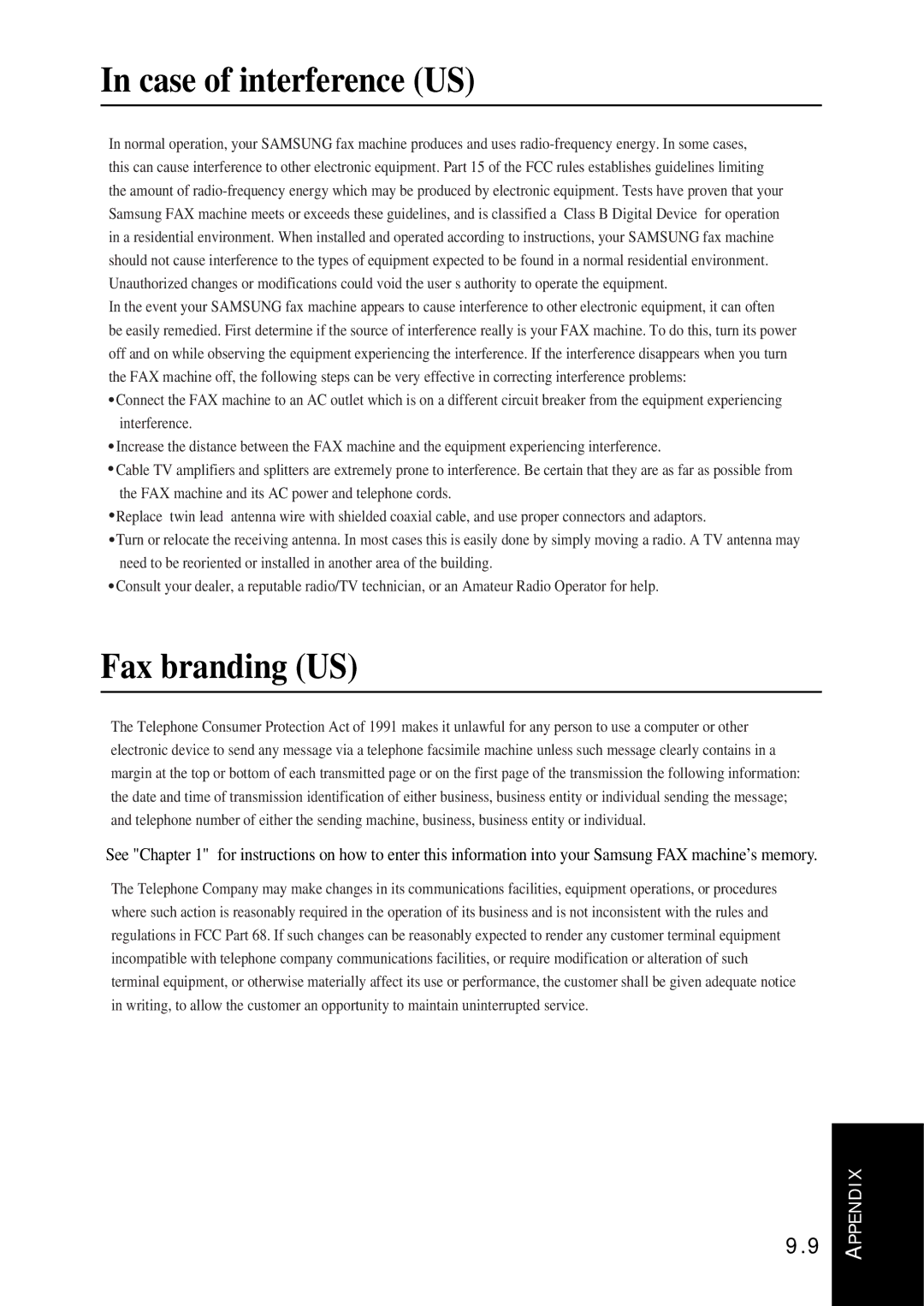 Samsung SF-340 Series manual Case of interference US, Fax branding US 