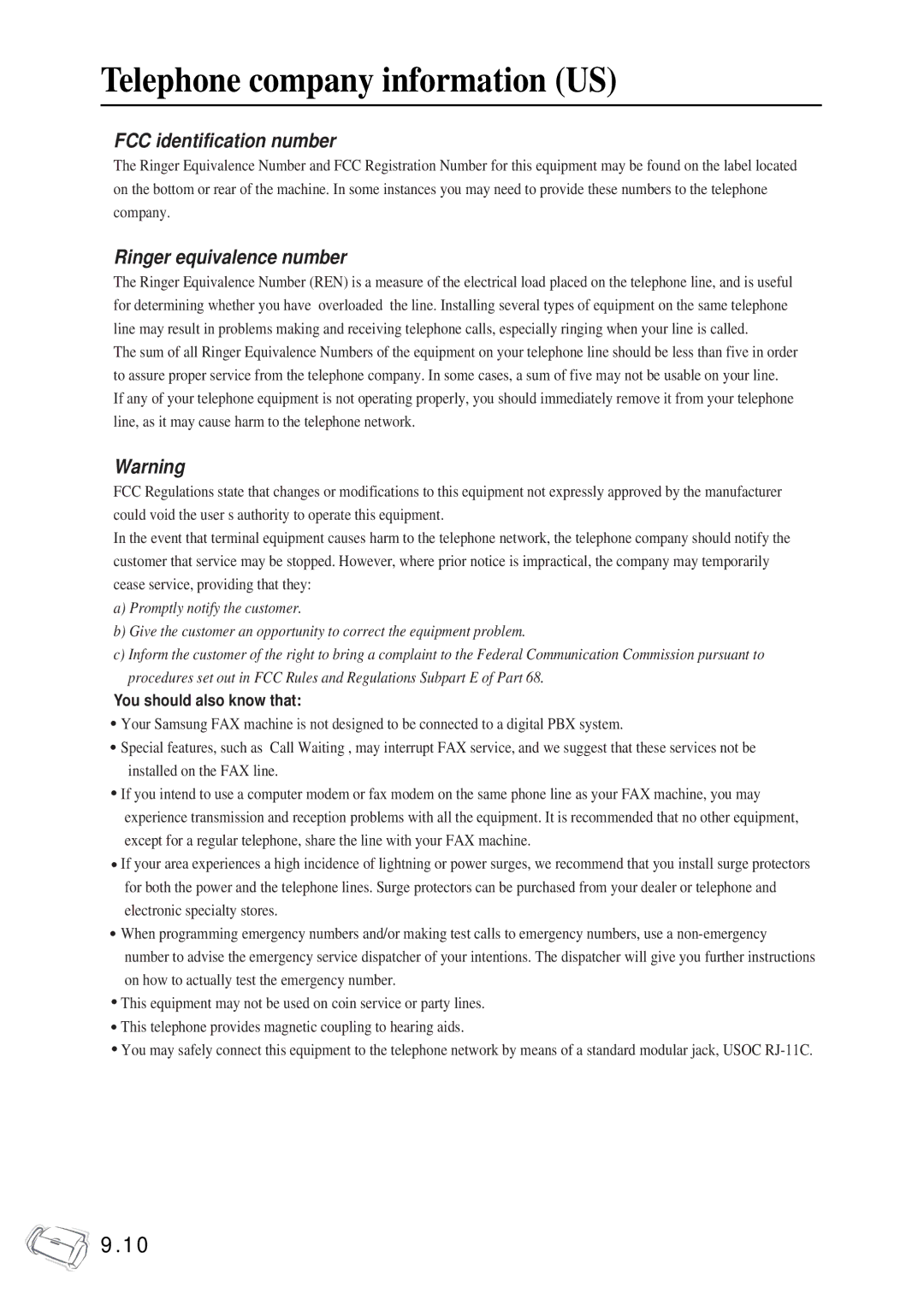 Samsung SF-340 Series manual Telephone company information US, FCC identification number 