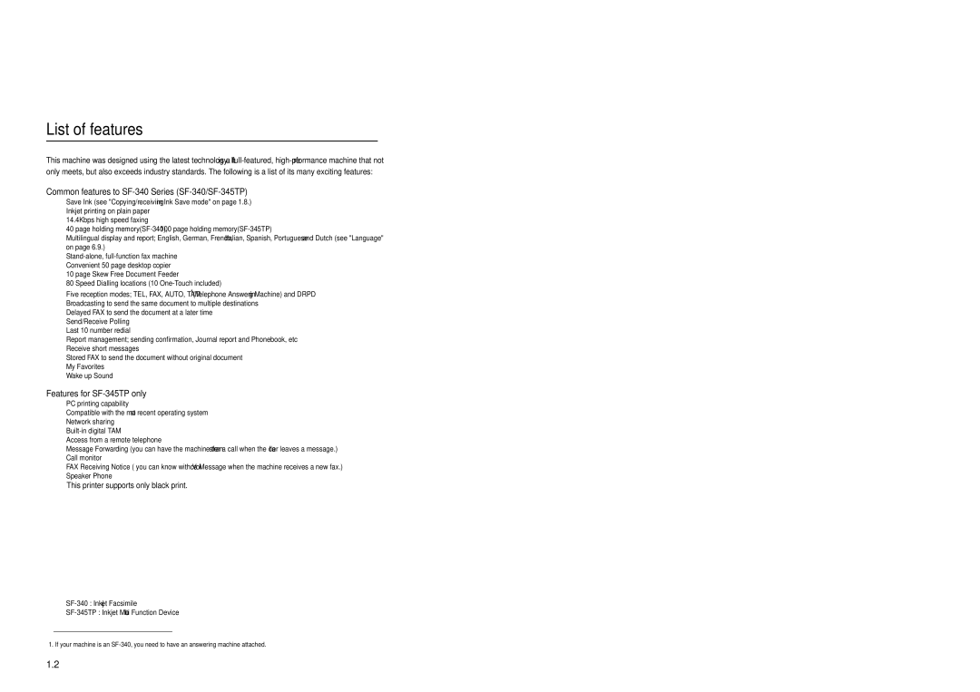 Samsung manual List of features, Common features to SF-340 Series SF-340/SF-345TP, Features for SF-345TP only 