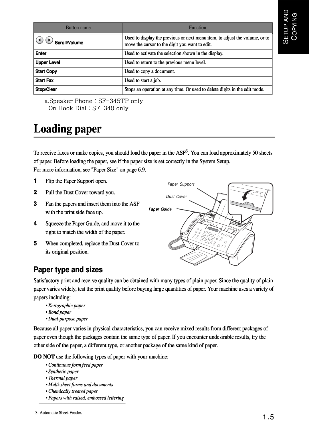 Samsung SF-340 Series manual Loading paper, Paper type and sizes 