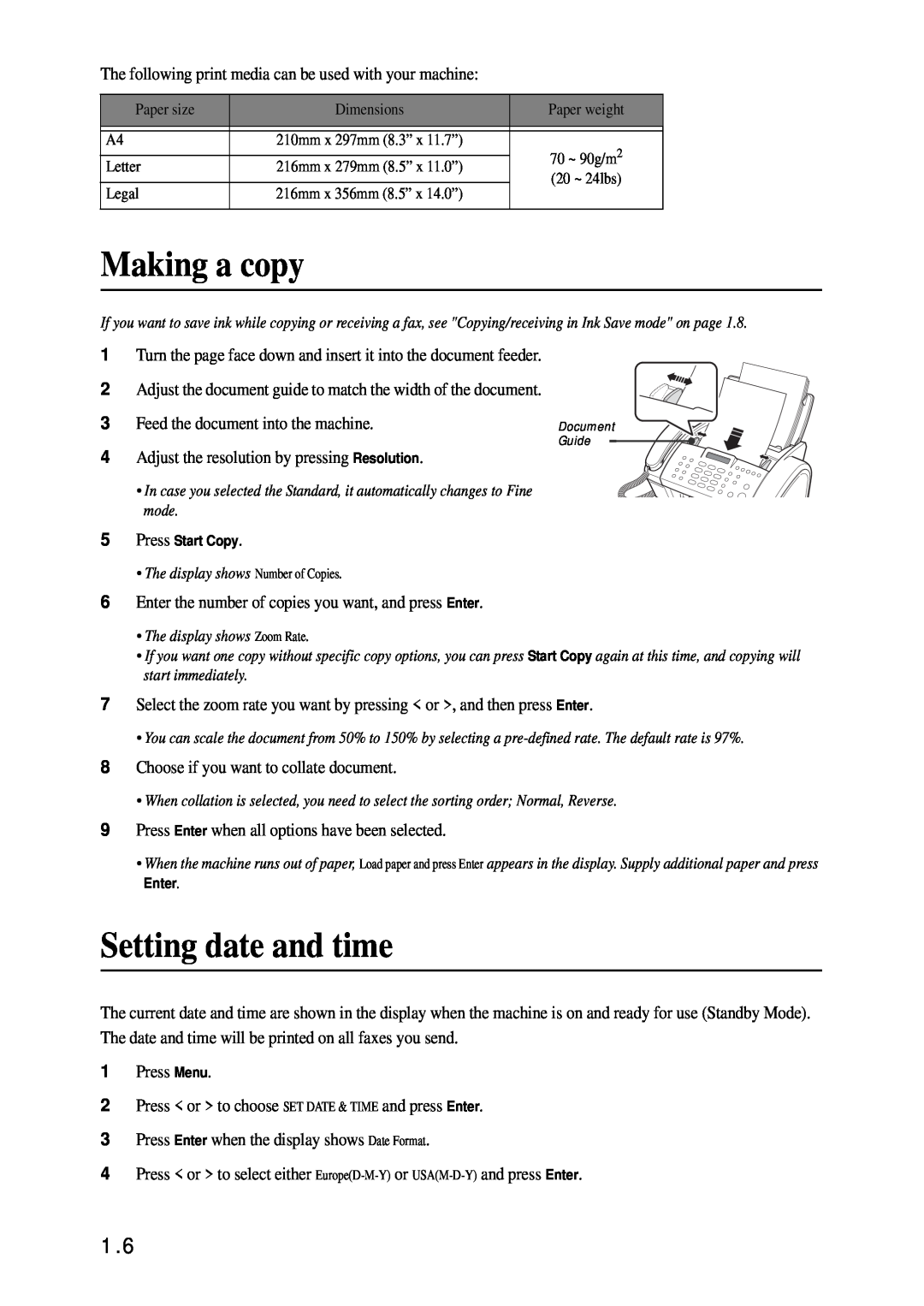 Samsung SF-340 Series manual Making a copy, Setting date and time 