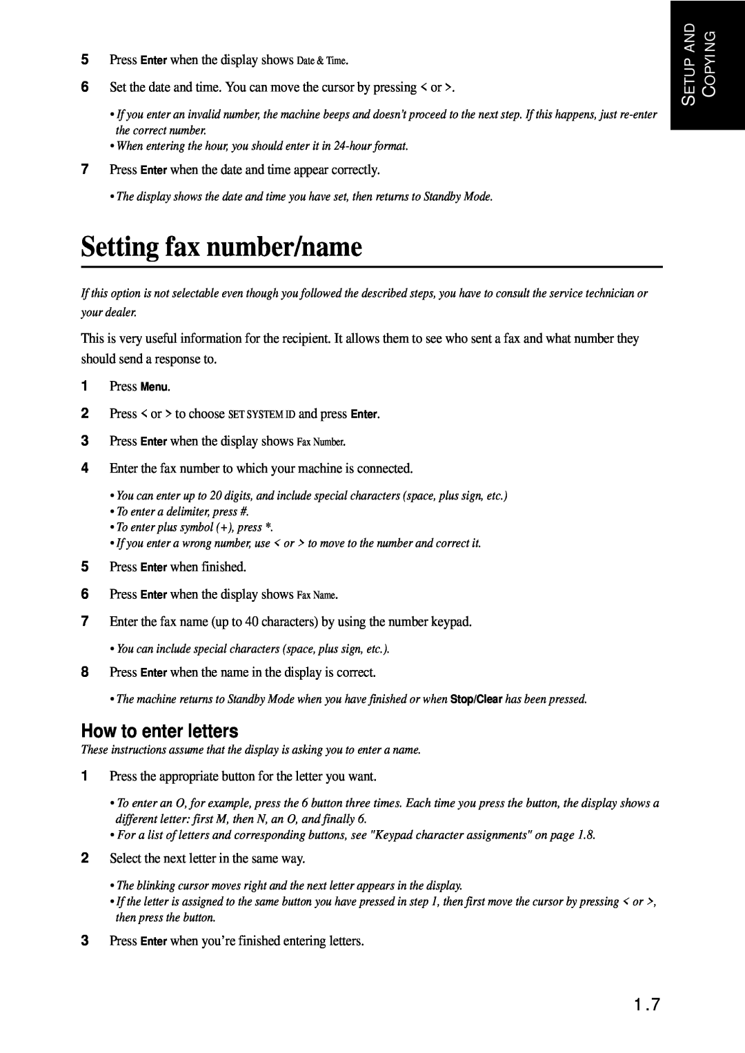 Samsung SF-340 Series manual Setting fax number/name, How to enter letters 