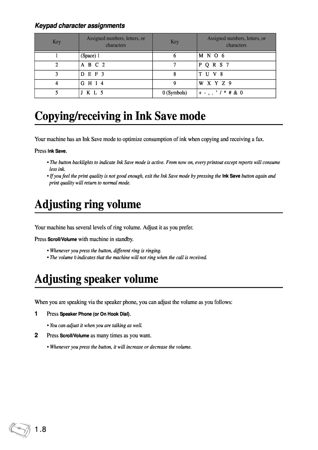 Samsung SF-340 Series manual Copying/receiving in Ink Save mode, Adjusting ring volume, Adjusting speaker volume 