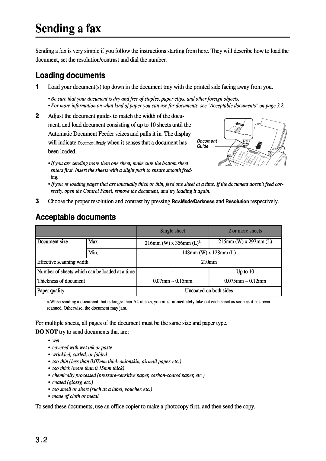 Samsung SF-340 Series manual Sending a fax, Loading documents, Acceptable documents 