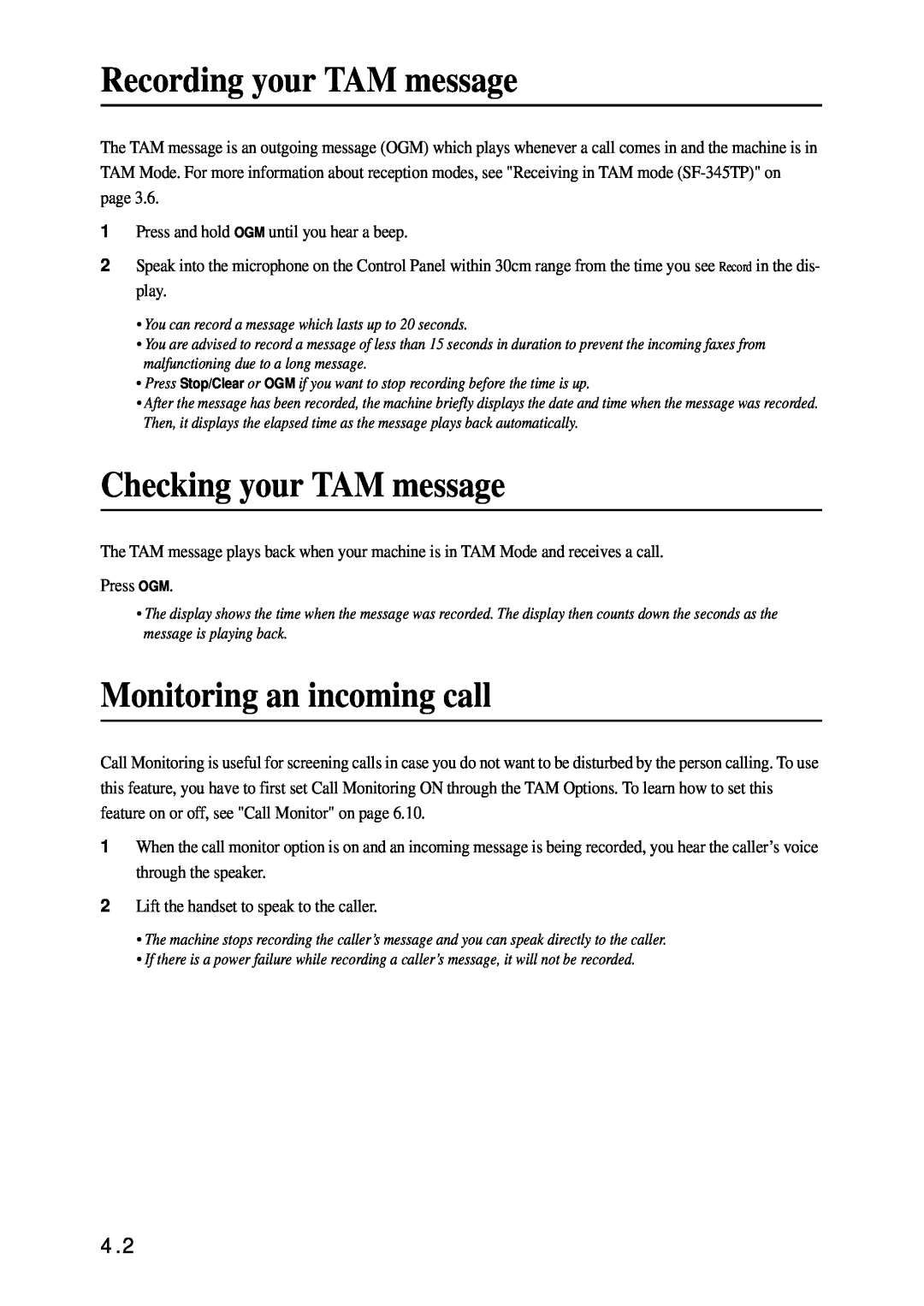 Samsung SF-340 Series manual Recording your TAM message, Checking your TAM message, Monitoring an incoming call 
