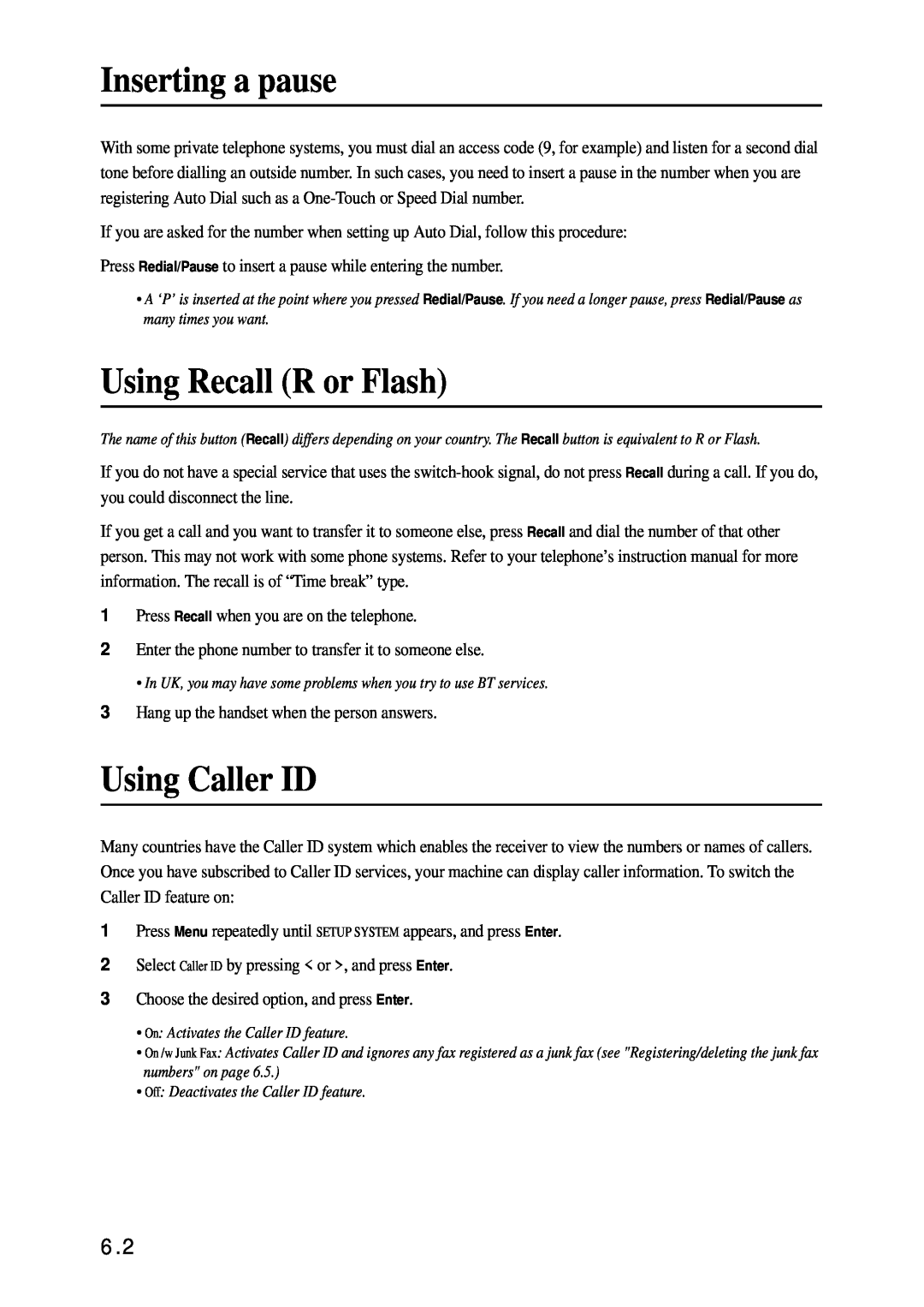 Samsung SF-340 Series manual Inserting a pause, Using Recall R or Flash, Using Caller ID 