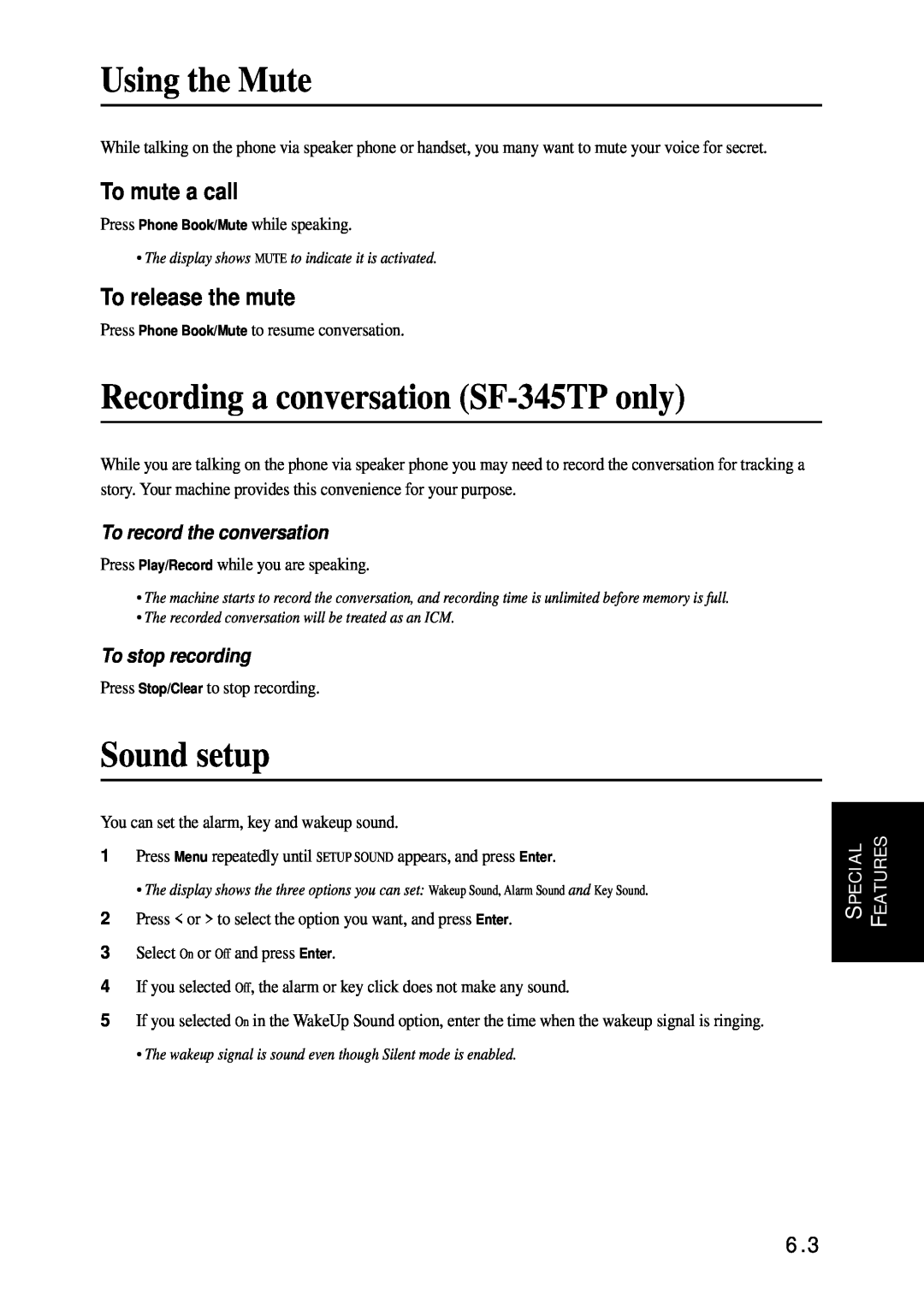 Samsung SF-340 Series manual Using the Mute, Recording a conversation SF-345TP only, Sound setup, To mute a call 