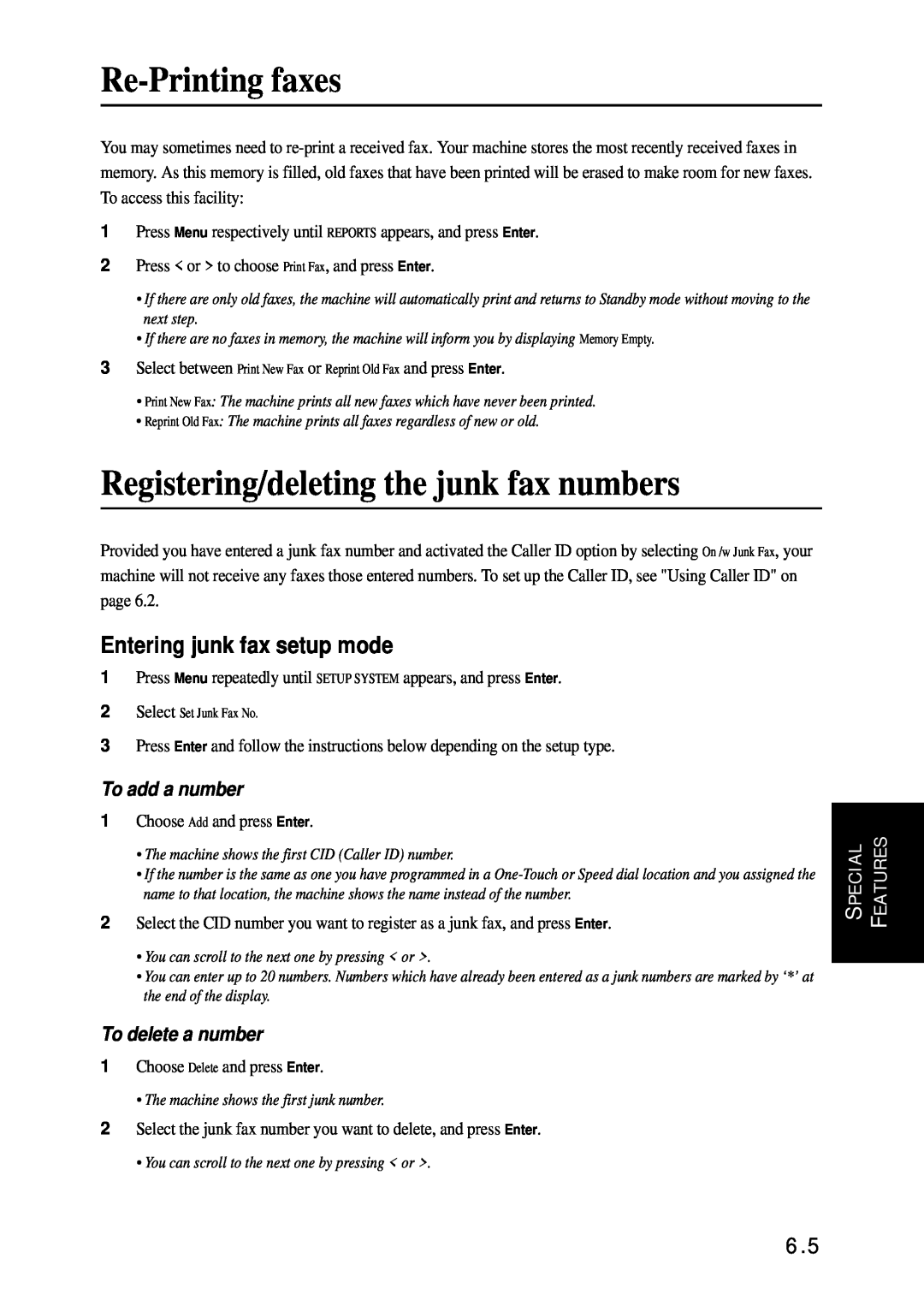 Samsung SF-340 Series manual Re-Printing faxes, Registering/deleting the junk fax numbers, Entering junk fax setup mode 