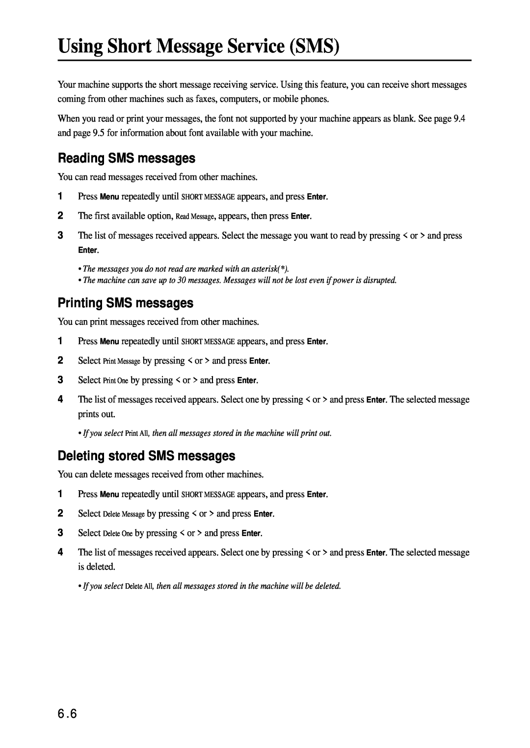 Samsung SF-340 Series manual Using Short Message Service SMS, Reading SMS messages, Printing SMS messages 