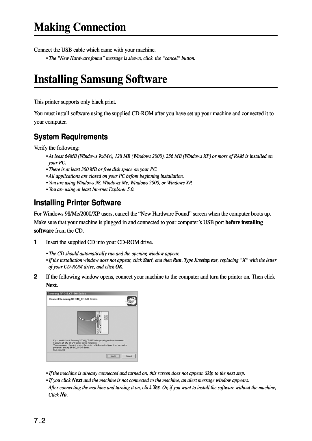 Samsung SF-340 Series Making Connection, Installing Samsung Software, System Requirements, Installing Printer Software 
